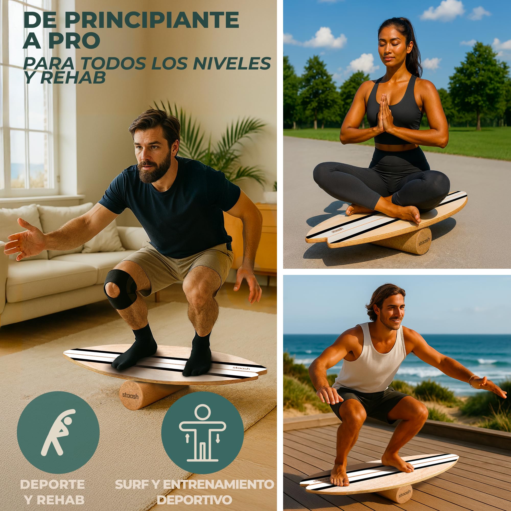 STAASH Balance Board – Tabla de Equilibrio Principiante, Rodillo y Pelota | Kit 3 piezas: tabla de equilibrio de madera antideslizante, rodillo y pelota · ideal para empezar · yoga, fitness, surf