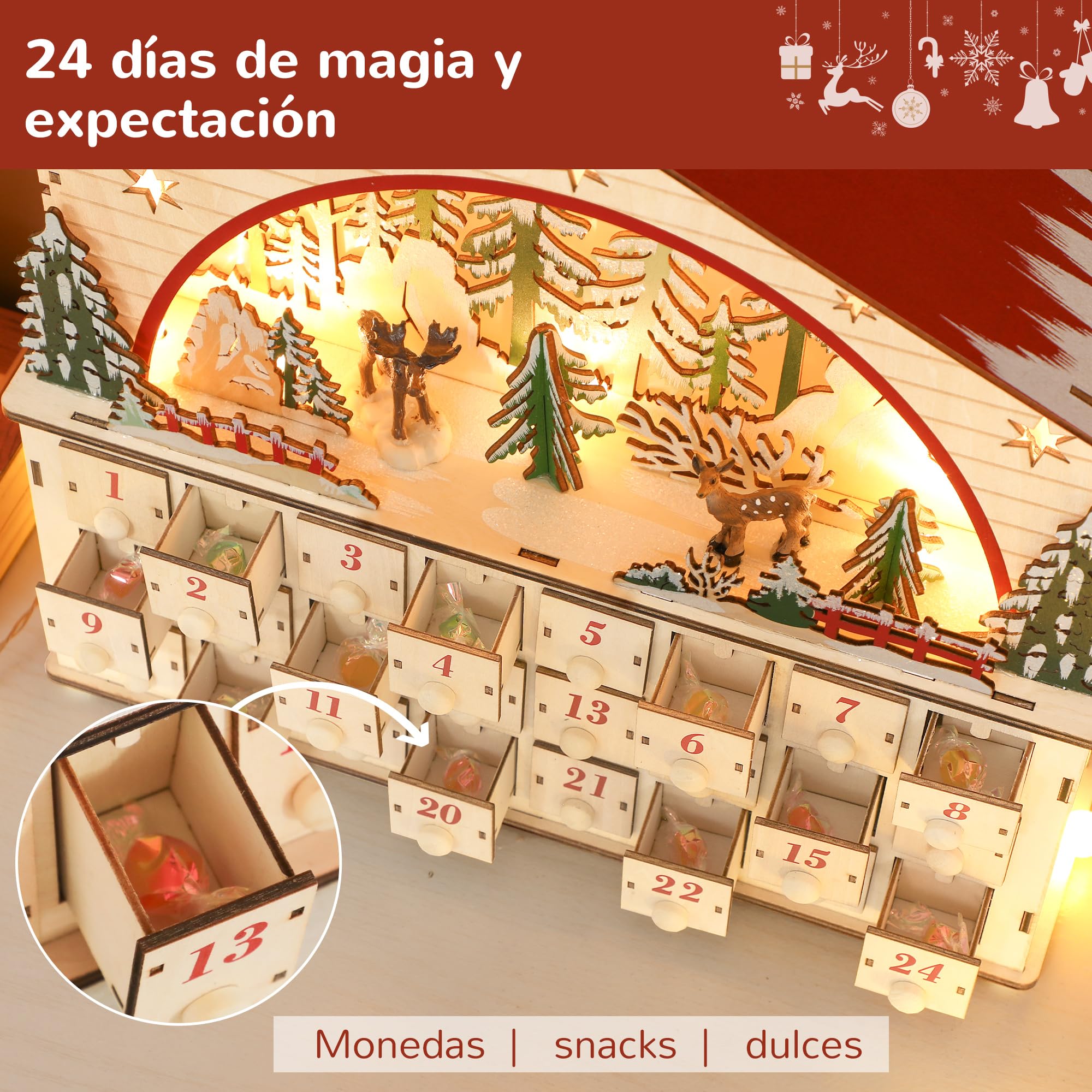 HOMCOM Calendario de Adviento para Rellenar de Madera, con Luces LED y 24 Cajones, Calendario de Adviento de Navidad Reutilizable con Escena de Pueblo, Decoración Navideña, 36x10x34 cm, Natural