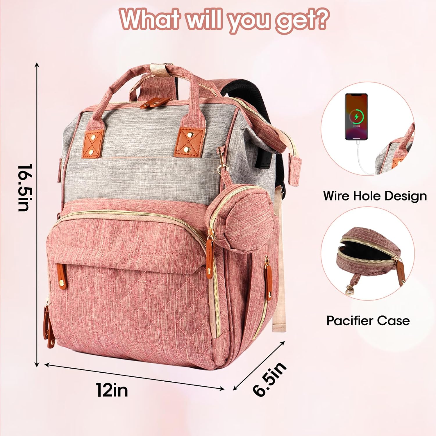 MosaiRudo Diaper Bag Backpack Baby Bag,Waterproof, Travel Diaper Bags with Pacifier Case for Baby Girl Boy Backpack for Women (Pink-Gray)