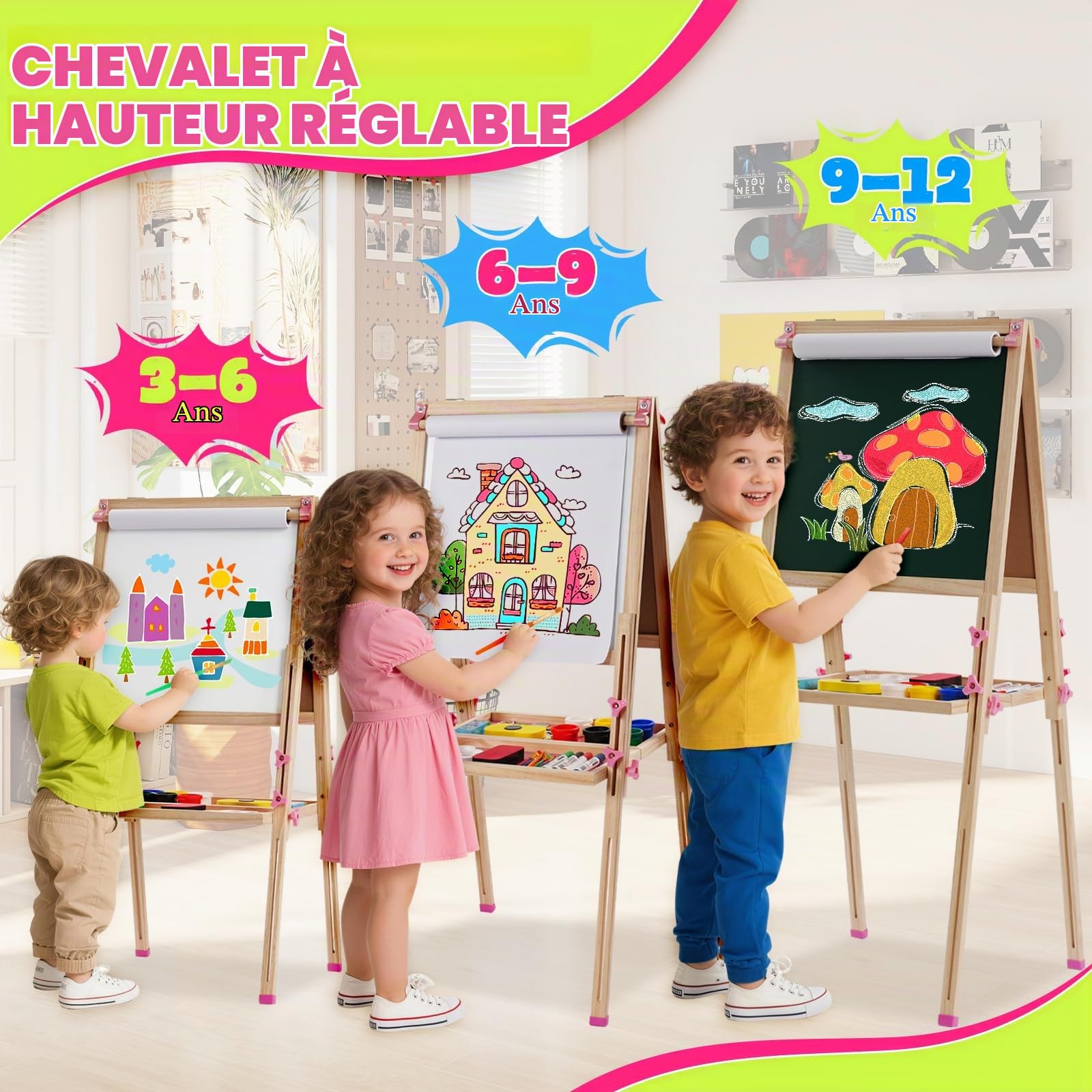 Chevalet Peinture Enfant,3 en 1 Tableau de Dessin Double Faces en Bois Pliable,Chevalet d'art Réglable en Hauteur avec Rouleau de Papier et Autres Accessoires,Tableau Chevalet Enfant 3+ Ans,Rose