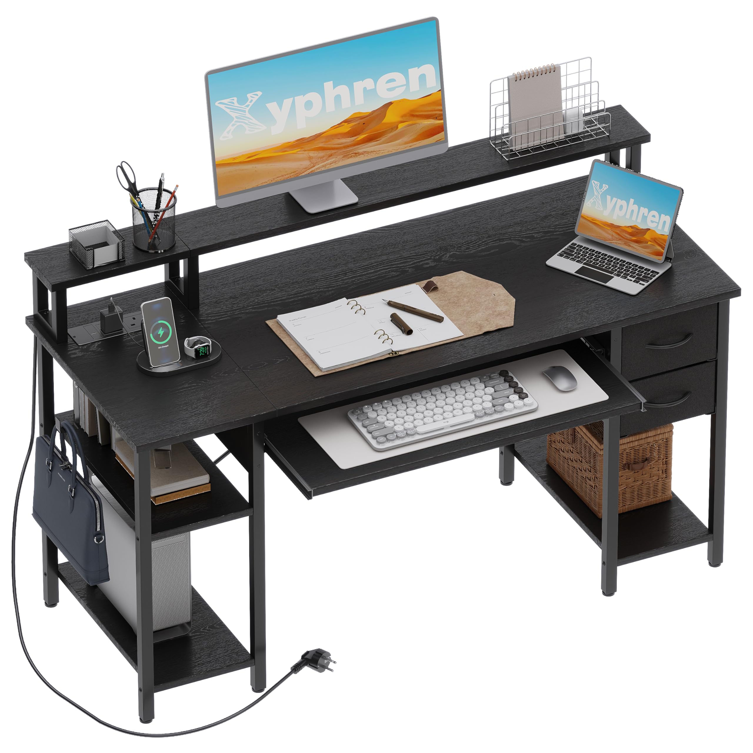 Xyphren Computer Desk with Drawers & Power Outlets, Office Desk with Storage Monitor Stand, Reversible Small Desks for Home Office Bedroom, 120 * 50cm, Black