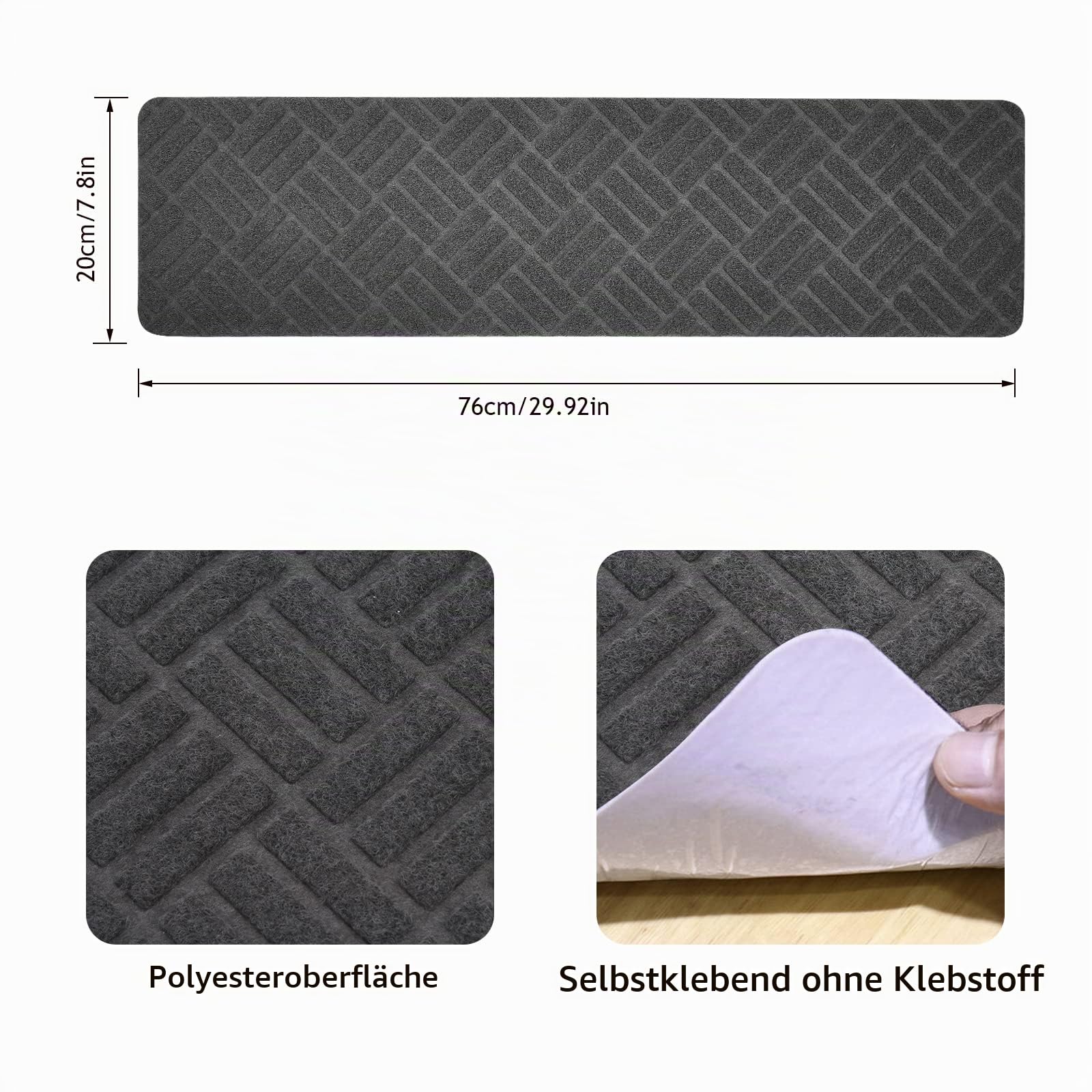 Stufenmatten Selbstklebend 76x20 cm Treppenstufen Matten, 15 Stück Rutschschutz Treppenteppich für Holzstufen im Innenbereich, Stufenteppich Teppich-Treppenstufen für Kinder Ältere Haustiere, Grau(02)