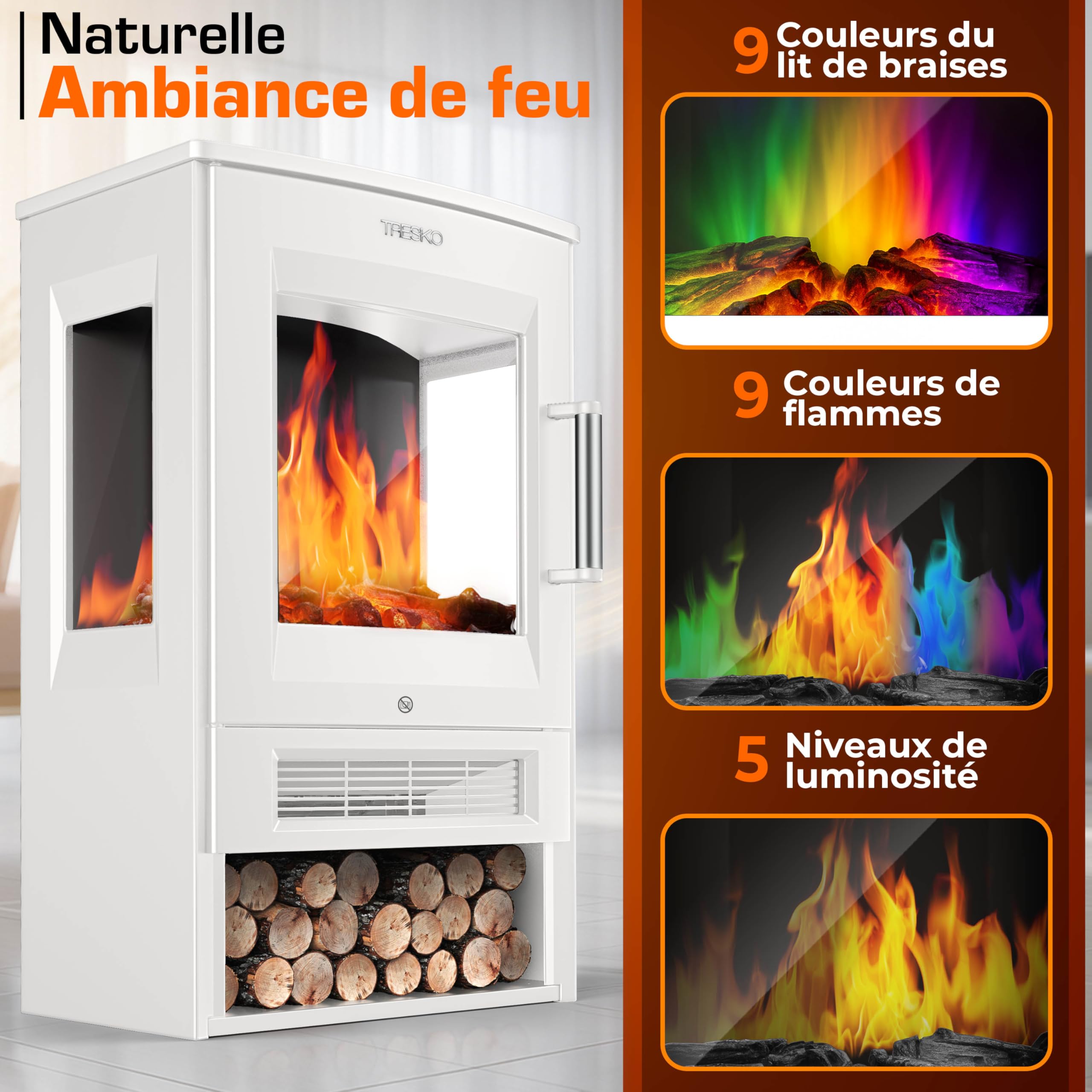 TRESKO® Cheminée électrique 1800W, Maison Intelligente WiFi App & télécommande | Poêle électrique Effet Flamme LED & écran LCD | Foyer électrique + Thermostat | Chauffage soufflant minuterie (Blanc)