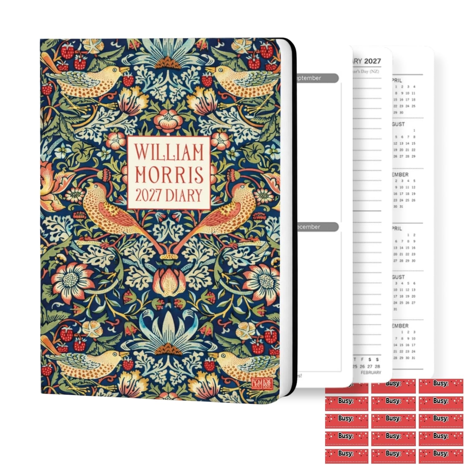 TGSC 2027 A5 Diary with Organisational Stickers, William Morries Strawberry Thief Week to View Hardback Planner, Journal Notebook with Ribbon Marker for Men and Women, 160 Pages, 217 x 153mm
