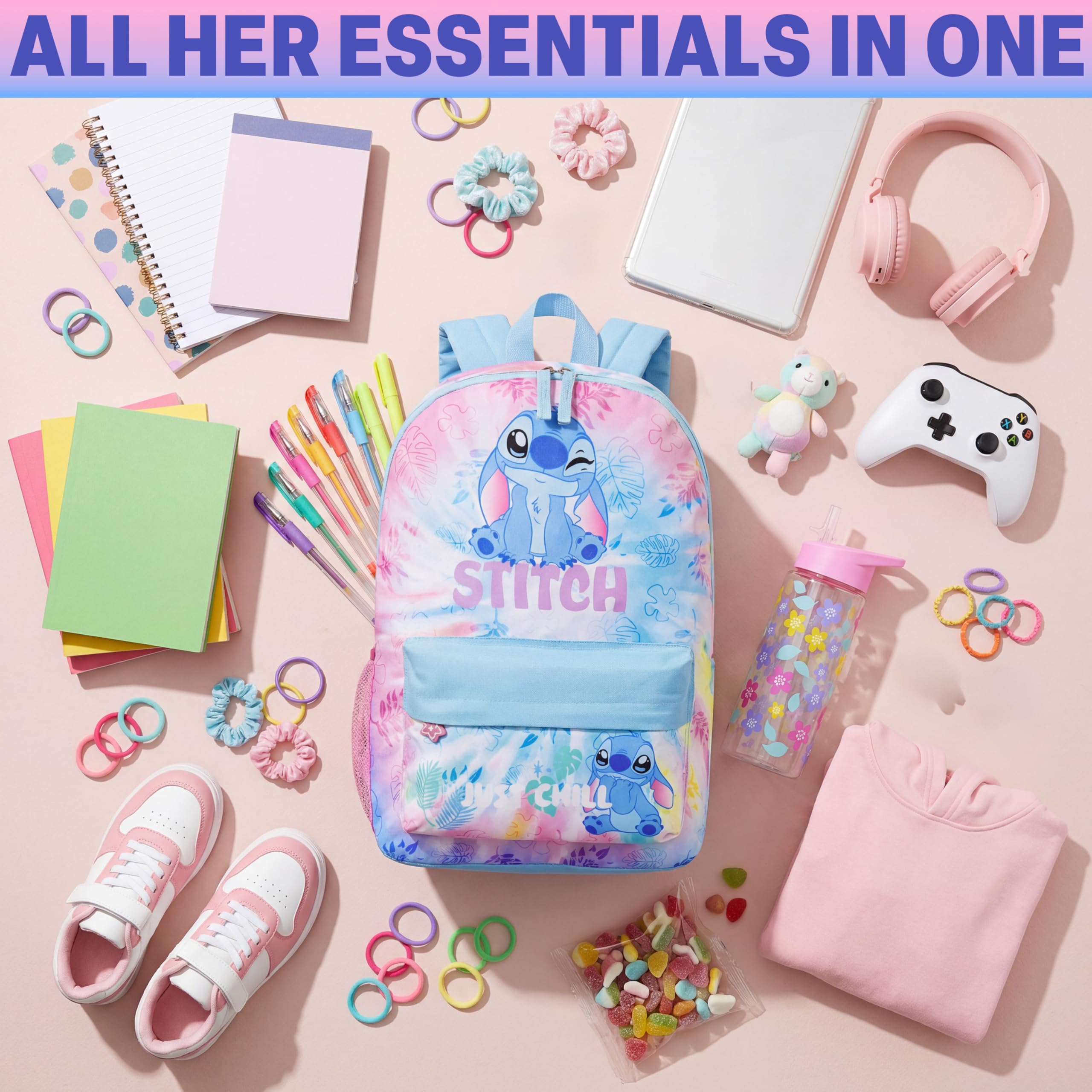 Get Trend Disney Stitch Mochila Niña con Botella Agua 500 ml, Botella Sin BPA y Mochila Escolar con Cremallera, Regalo Niña (Multi Stitch)