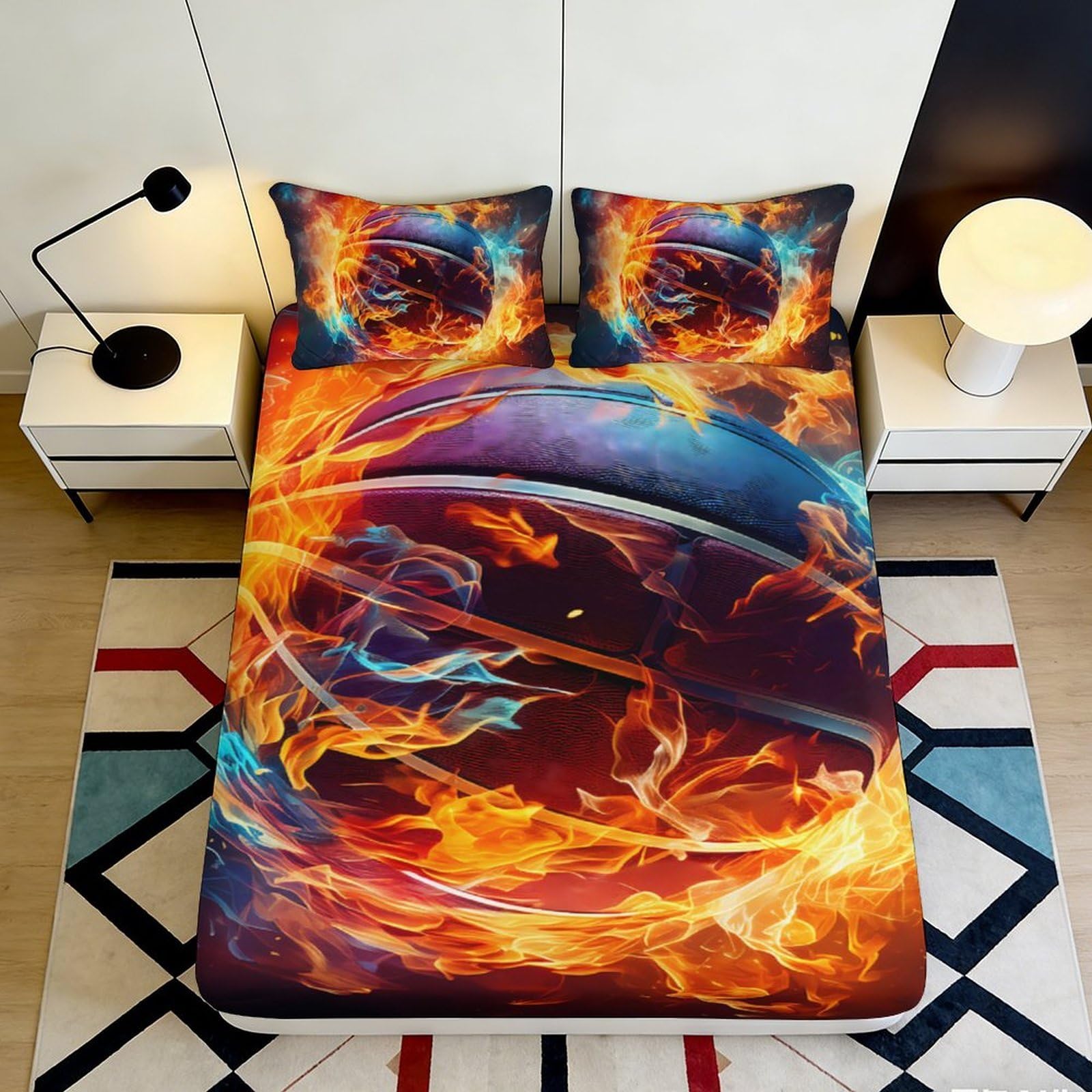 3D Printed Flaming Basketball Fitted Sheet Microfiber Soft Mattress Cover for Bedroom Dorm Decor Anti-Slip Easy Care 160x200x25cm