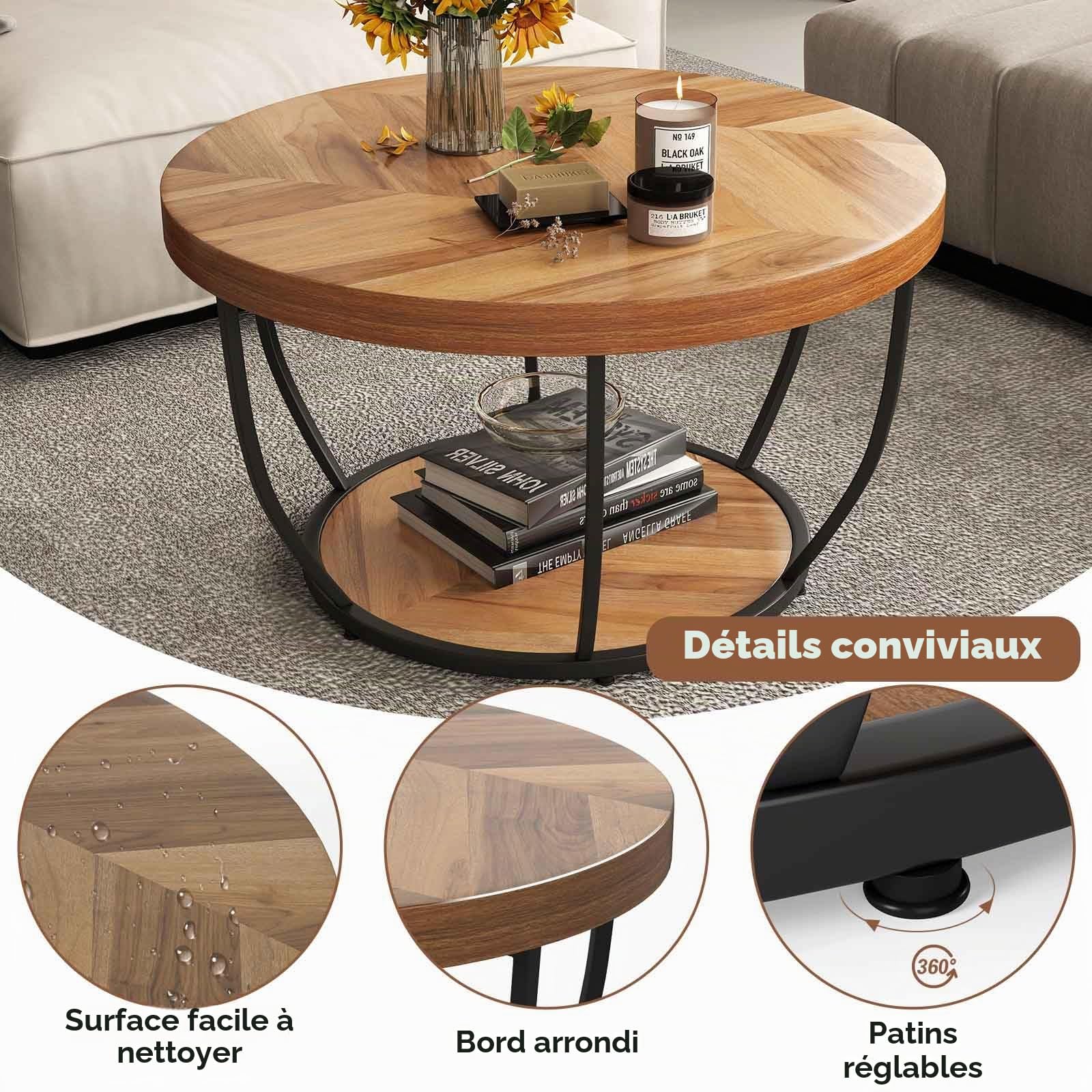 LIFEZEAL Table Basse Ronde, Table Basse à 2 Niveaux avec Structure en Métal, Meuble de Salon, 80 x 80 Cm, Style Industriel (Naturel)