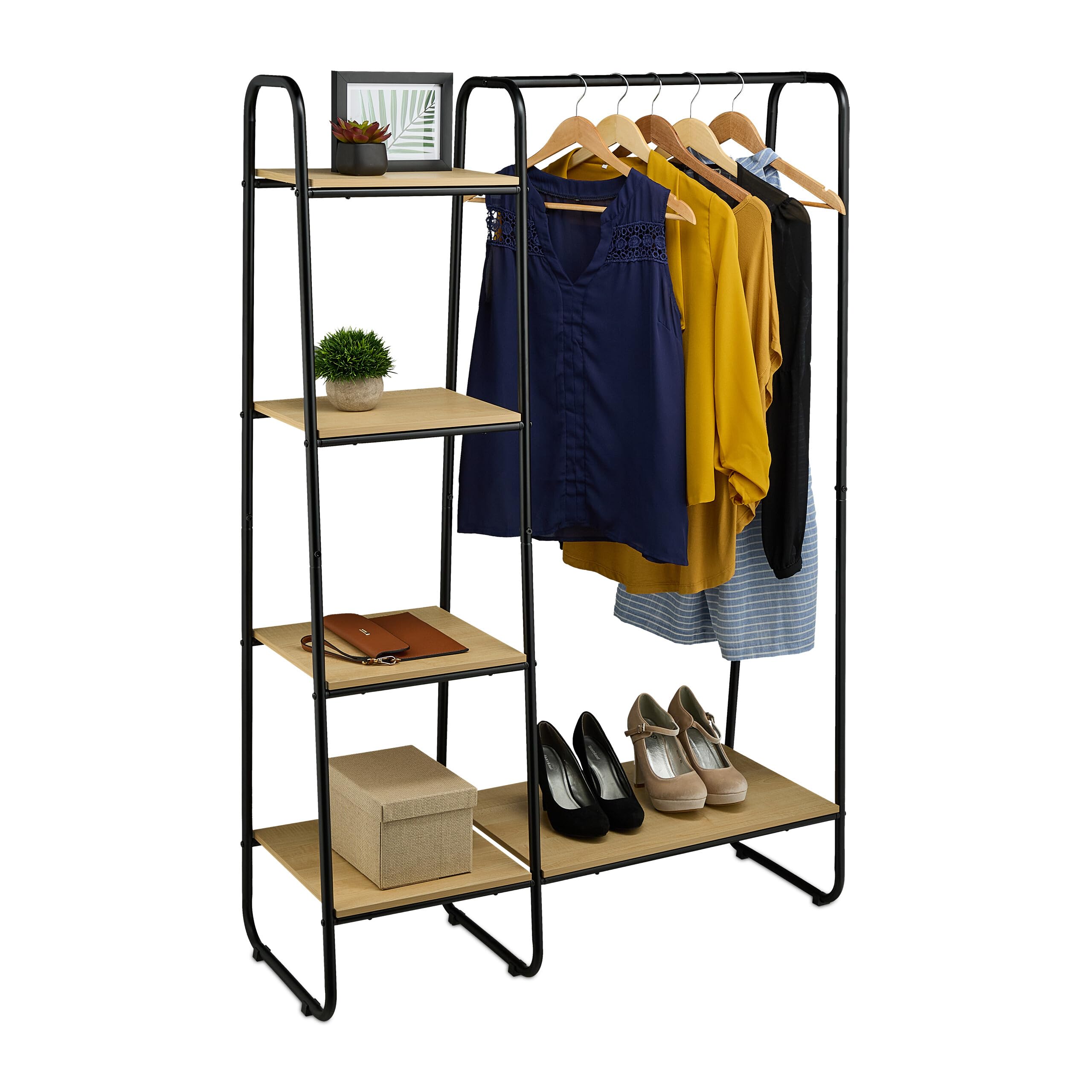 Relaxdays Perchero de Pie Metálico, 5 Baldas, Colgador Ropa con Barra y Estantería, 150x100x41cm, Armario Abierto, Negro