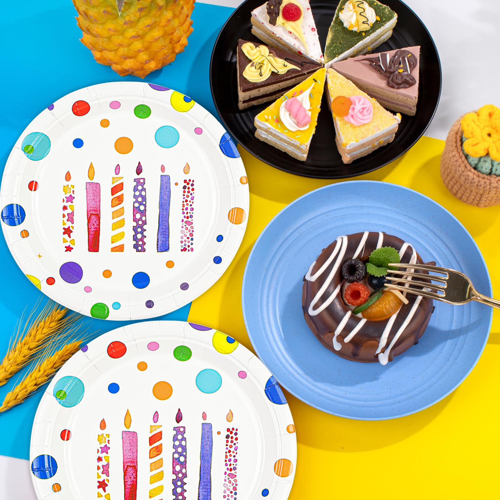 50 platos y servilletas de feliz cumpleaños, 7 pulgadas, coloridos puntos, platos de postre para pastel de cumpleaños, juego de vajilla de papel desechable para decoración de fiesta de