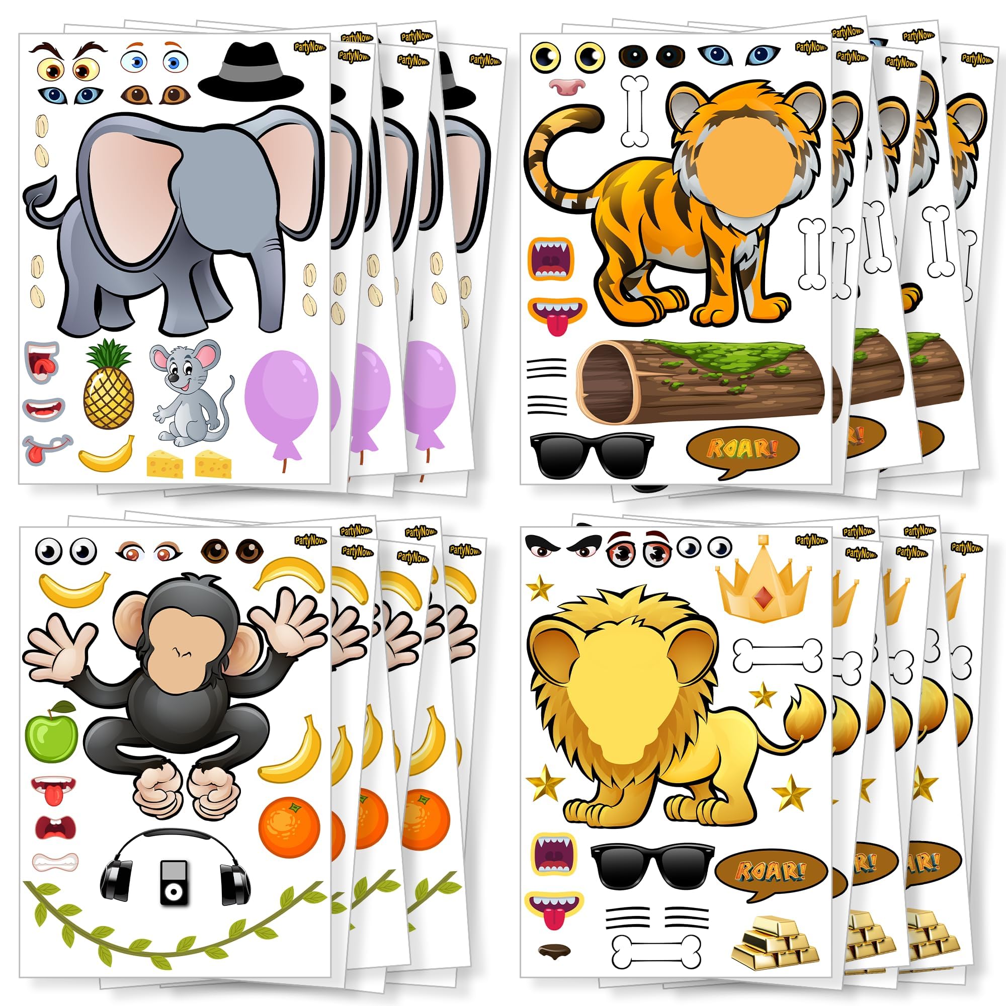 24 Make-A-Zoo Animal Sticker Sheets - Great Zoo And Safari Theme Birthday Party Favors - Fun Craft Project For Children 3+ Great Party Games For Toddlers - Let Your Kids DIY & Design Their Favorite Animal Stickers!!