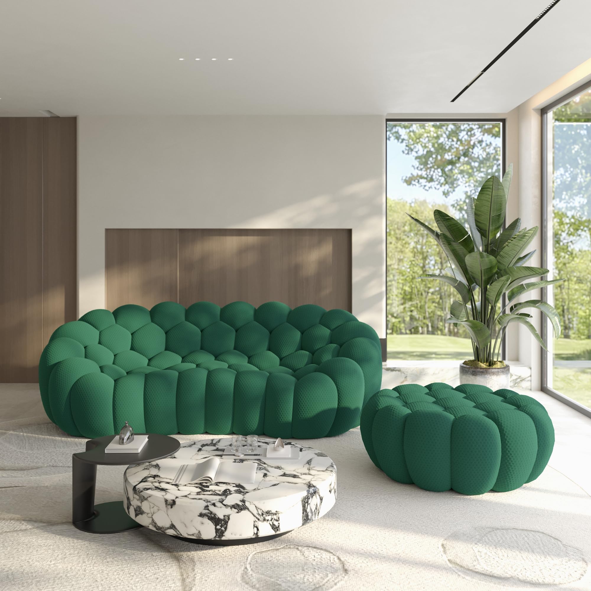 Bubble Couch with Ottoman, Modern 3-Seater Round Floor Couch, 3D Honeycomb Shape Bubble Sofa Curved Sofas for Living Room, Circle Boneless Couches, No-Assembly (Green, 98.43+41")