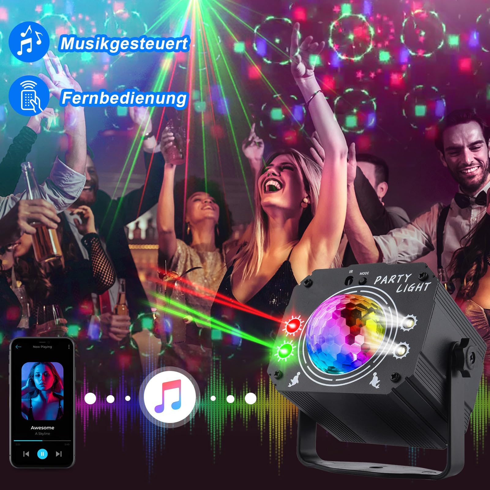 Nigecue 3 in 1 Discolicht Partylicht mit Fernbedienung, Musikgesteuert Disco Licht mit Stroboskop, Sprachsteuert LED DJ Party Lampe Discokugel mit 2M USB Kabel für Halloween Weihnachten Klub Feiertage