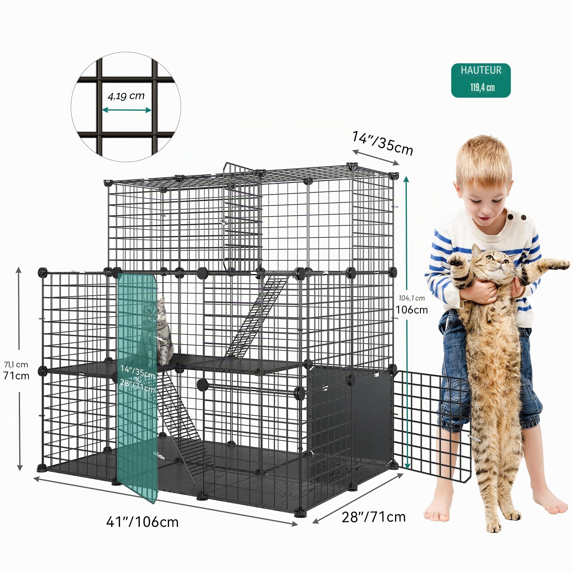 YITAHOME Grande Cage pour Chat, Enclos d'Intérieur pour Chat avec Balcon, Parc pour Animaux de Compagnie, Métal Amovible, Chenil pour 1 à 3 Chats, Furet, Lapin, Camping, 106 x 71 x 106 cm
