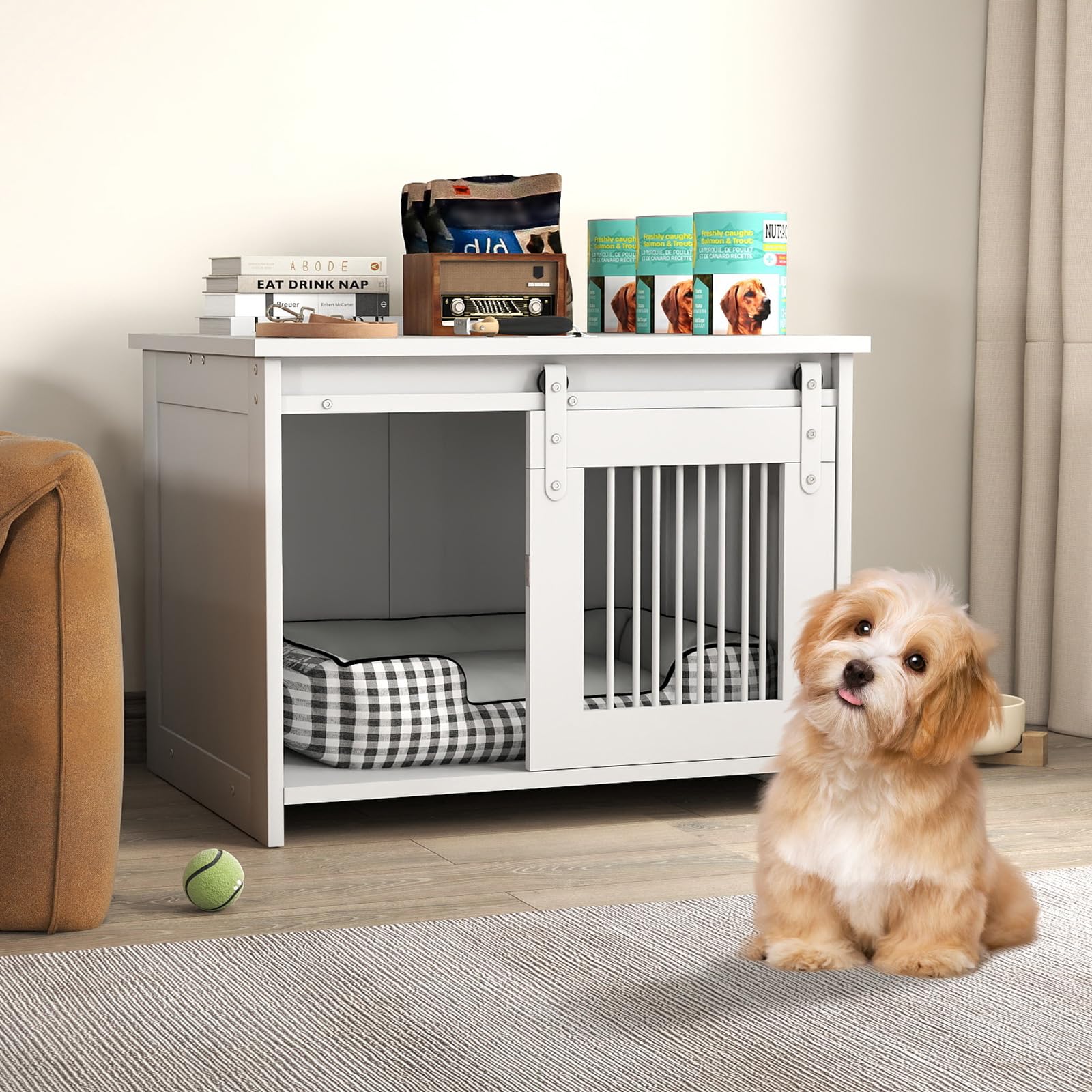 COSTWAY Hundekäfig Möbel, Hundebox für Zuhause, Hundehütte mit Schiebetür, Haustierkäfig aus Metall Holz, Beistelltisch modern, Indoor, für kleine & mittelgroße Hunde, 80 x 60 x 60 cm (Weiß)