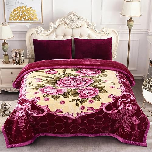 Miniatura 3 de MERRY HOME Manta de vellón pesado tamaño King, visón coreano de 2 capas de 10 libras, manta de cama de felpa suave y suave, estampado A&B (floral