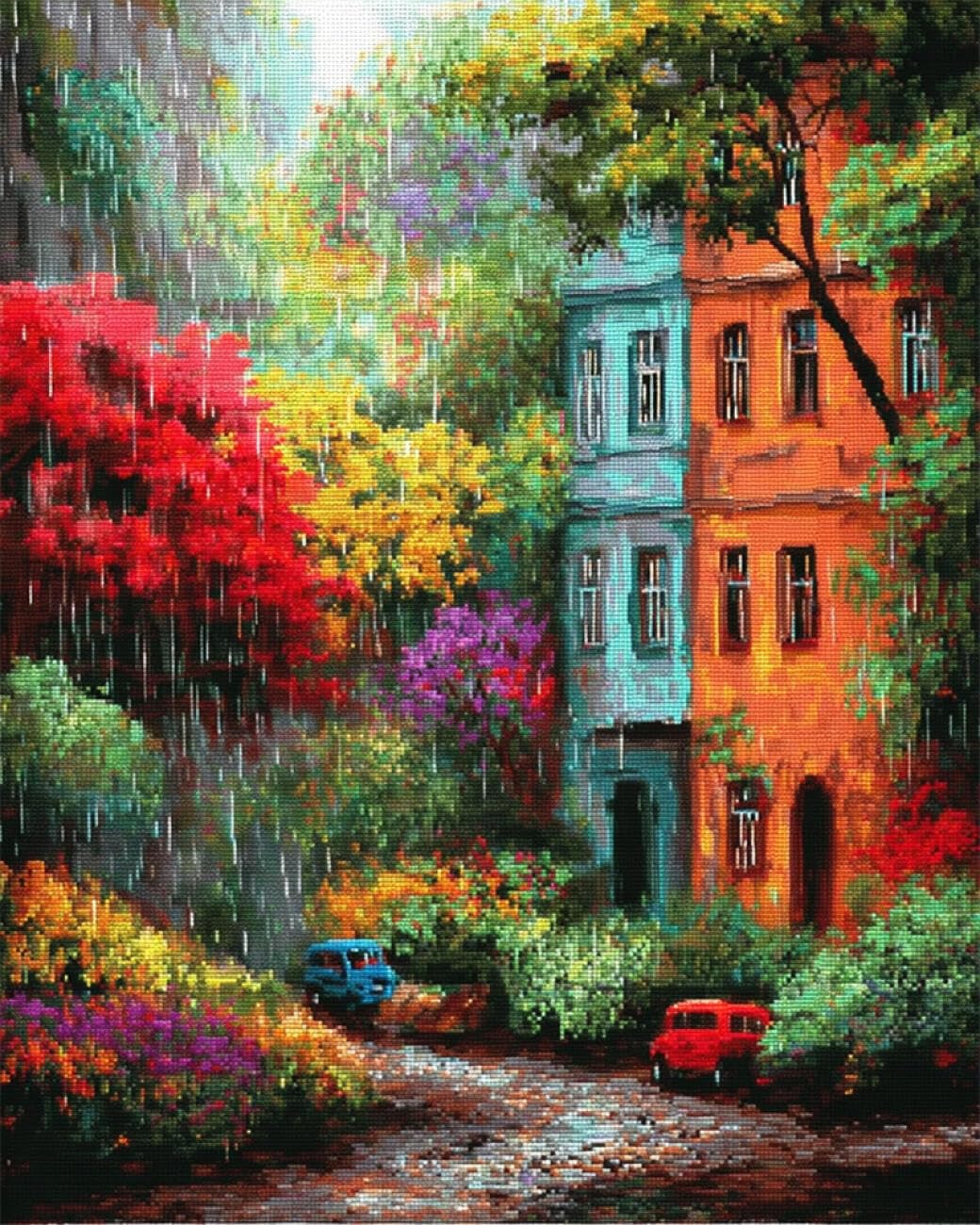 Rqwybcaxn Stamped Beaded Cross Stitch Kits House in the rain 40x50cm
