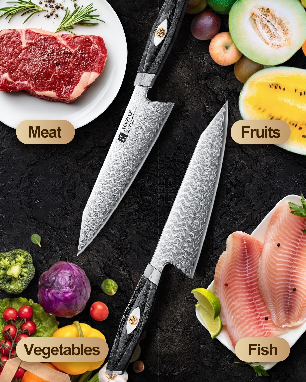 XINZUO 21,5cm Cuchillo de Cocinero de 145 Capas de Acero de Damasco Forjado a Mano Profesional Cuchillo Chef de Cocina -Acero en Polvo M390 de Austriaco -Mango de Resina de Fibra de Carbono Negra