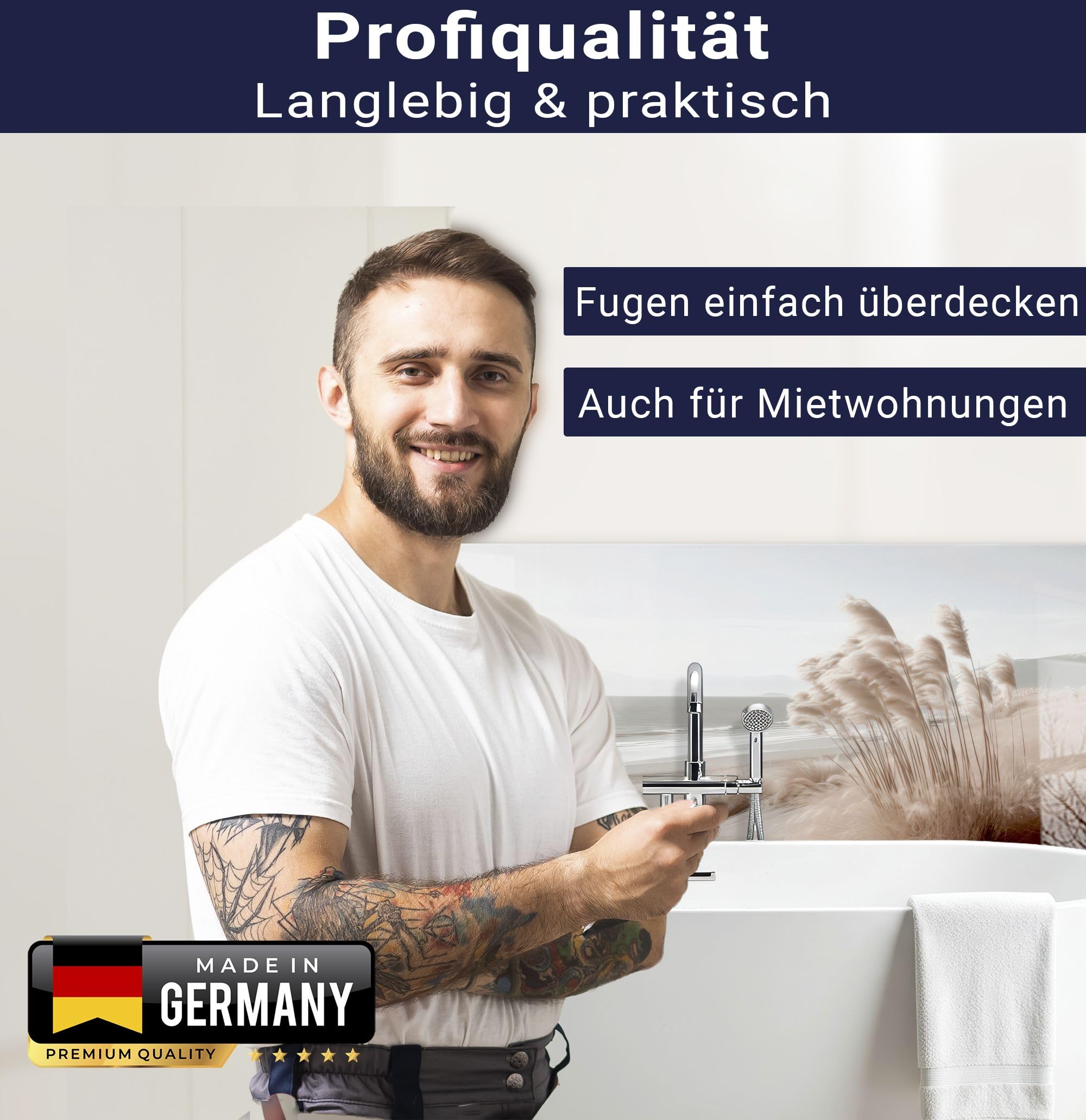 Waschbecken und Badewannenrückwand 200 x 58 cm - aus Acrylglas | Natur, Strand – Pampasgras, Meer, Dünen, Beige, Boho | Wandpaneele Bad Badrückwand Platte Badewanne Rückwand Badezimmer Glasoptik