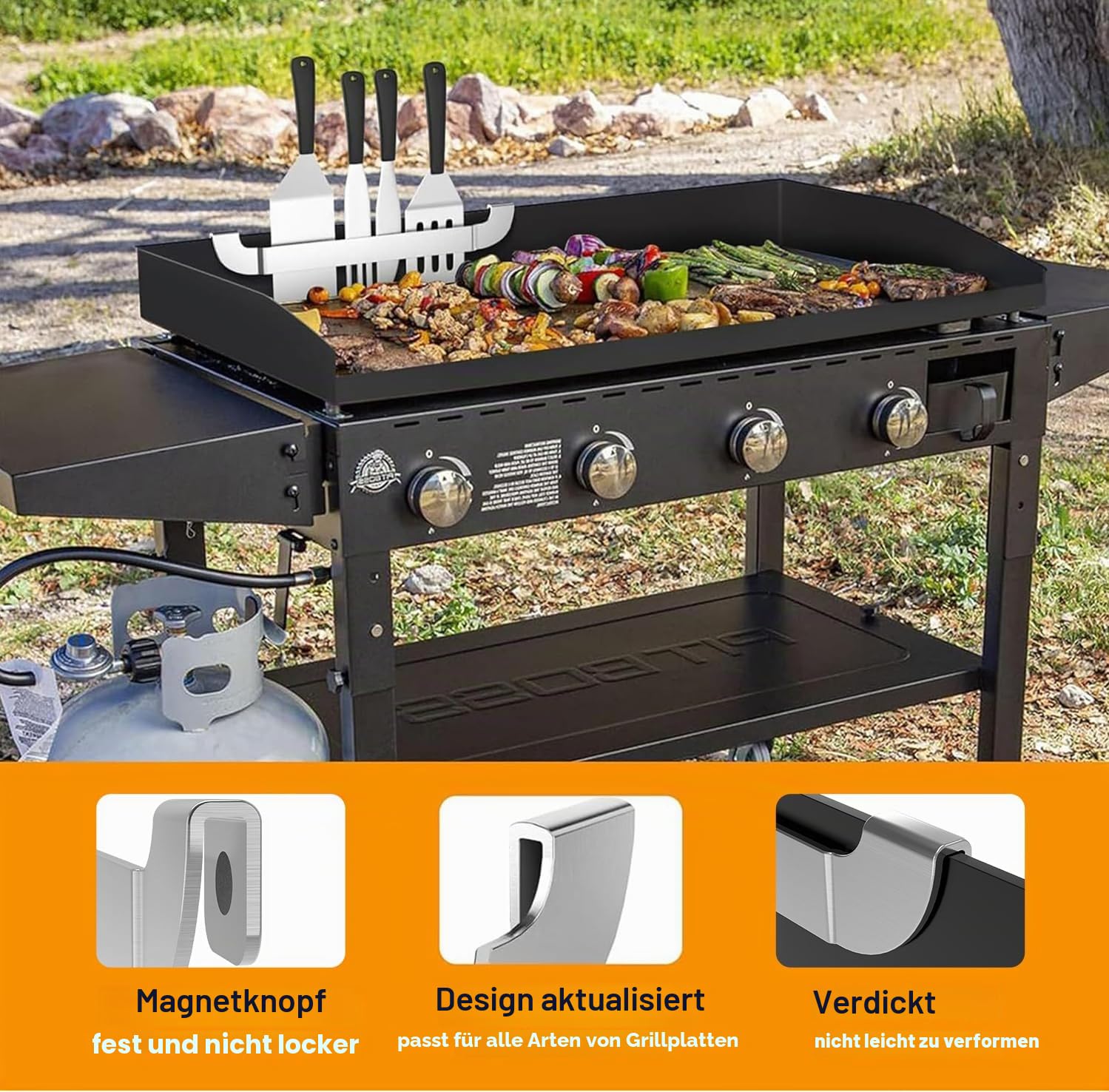 Spatelhalter für Grillplatten, magnetisches Design, Edelstahl-Grill-Werkzeughalter, Grillplatten-Zubehör für BlackStone Flat-Top-Grillplatten und andere Grillplatten, 25,4 cm, 2 Stück