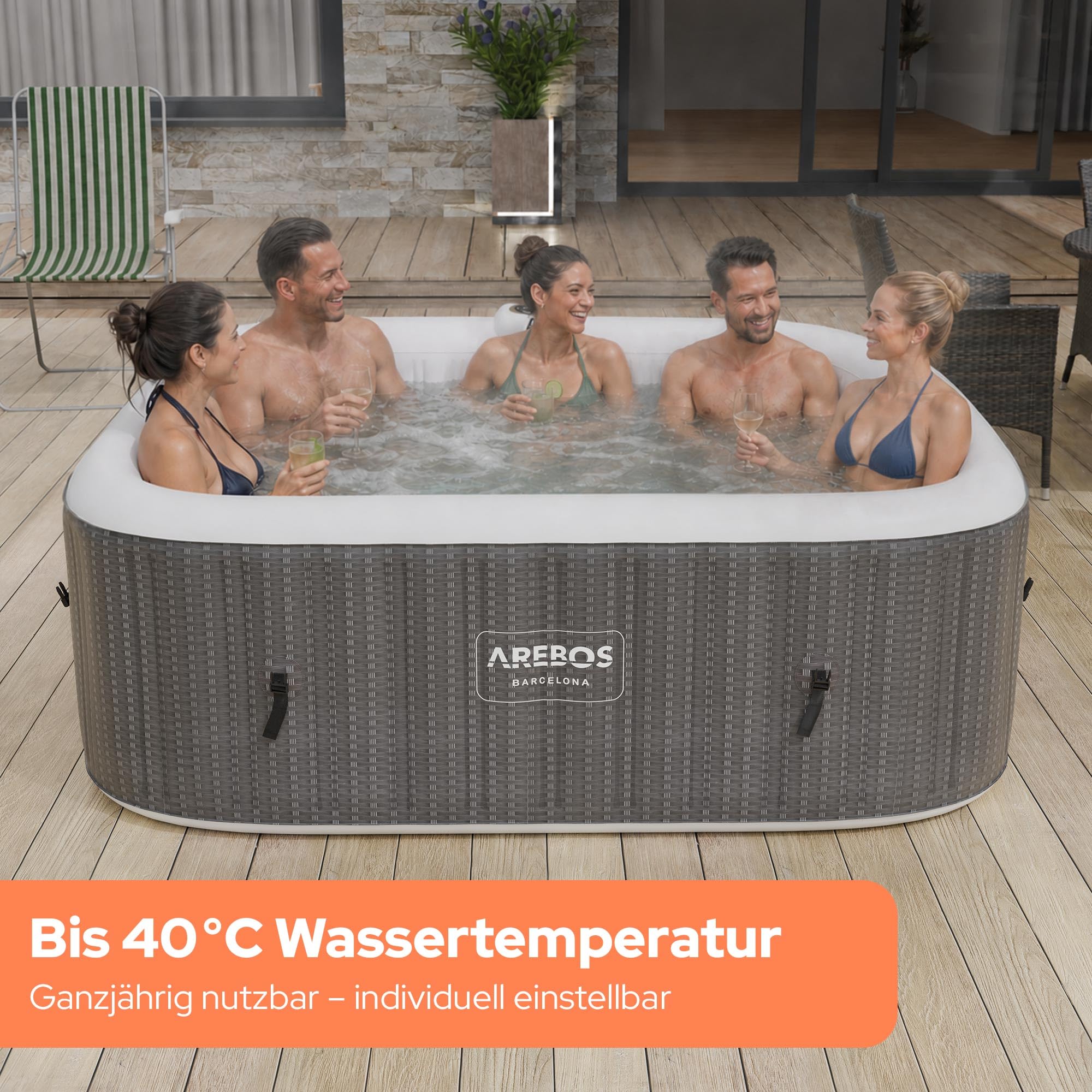 Arebos Spa Whirlpool 2400W | In-Outdoor Pool | für 6 Personen 185x185cm | 130 Massagedüsen, 910 L mit Heizung, Aufblasfunktion per Knopfdruck, inkl. Abdeckung, Bubble Spa & Wellness Massage