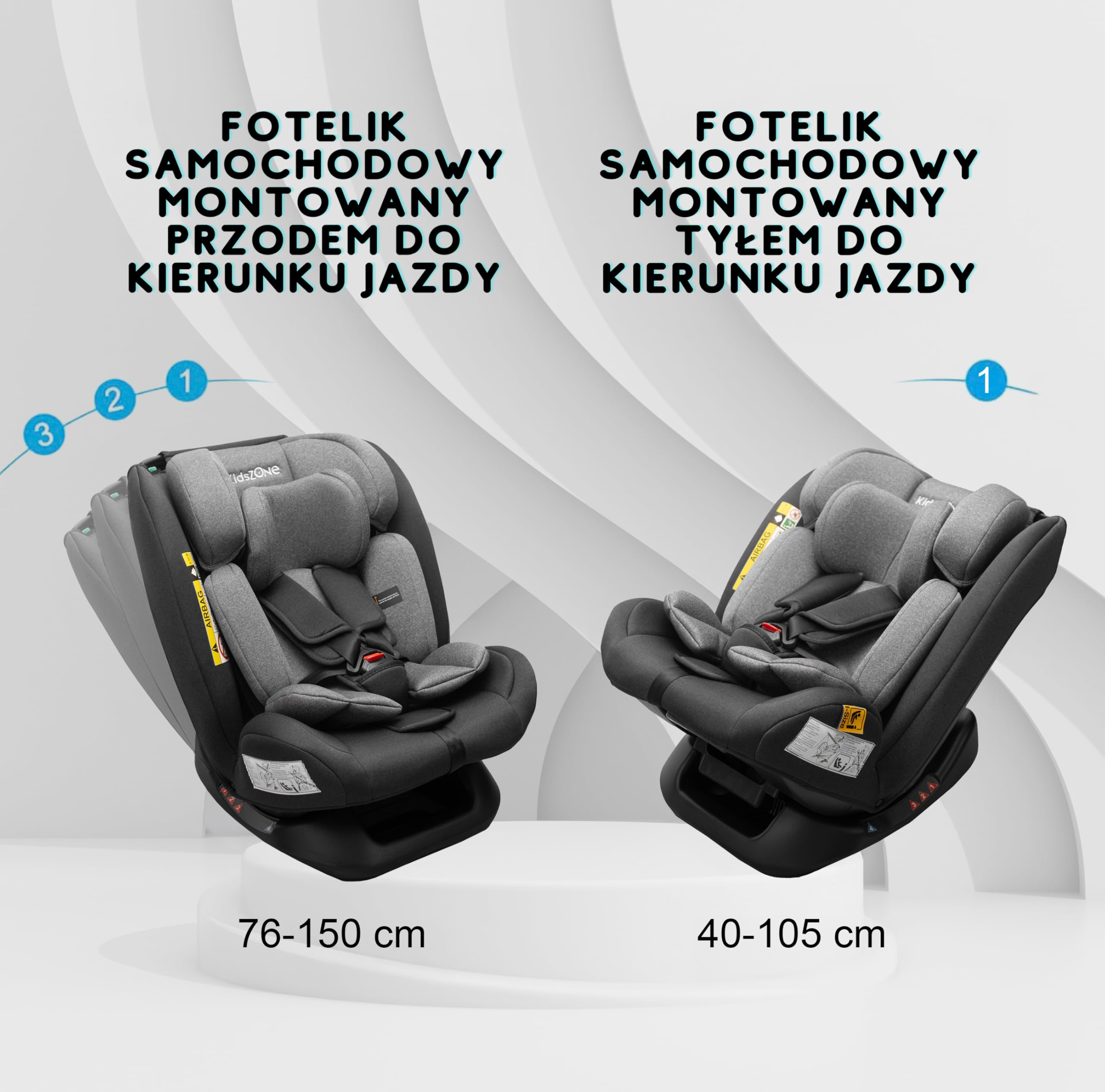 Foteliki Auto bez Isofix 0-36 kg i-Size (40-150 cm) - Fotelik Auto Grupa 0/1/2/3 - Regulowany w wysokości, Odchylany w 4 pozycjach