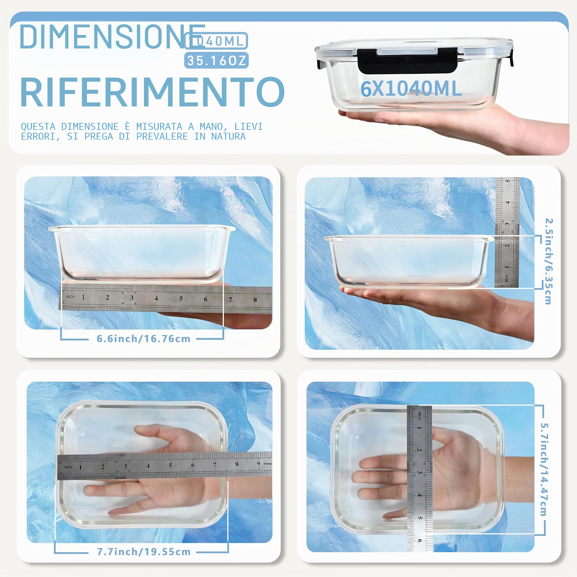 ERUIV Contenitori Ermetici Per Alimenti Vetro - Impilabili Contenitore Vetro - Senza BPA Contenitori In Vetro Con Coperchio - Set da 6 senza BPA - alto volume contenitori vetro - 1040ML