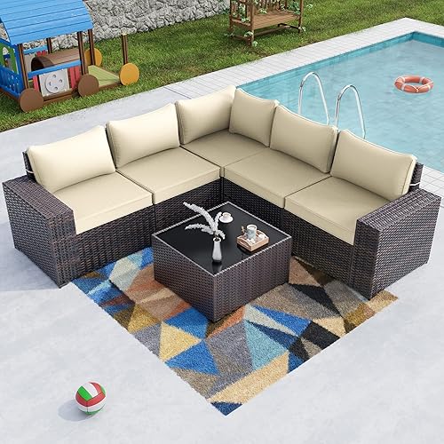 Kullavik Outdoor Patio Furniture Set 6 Pieces Sectional Rattan Sofa Set Brown PE Rattan Wicker Patio Conversation Set with 5 Cream Seat Cushions and 1 Tempered Glass Table