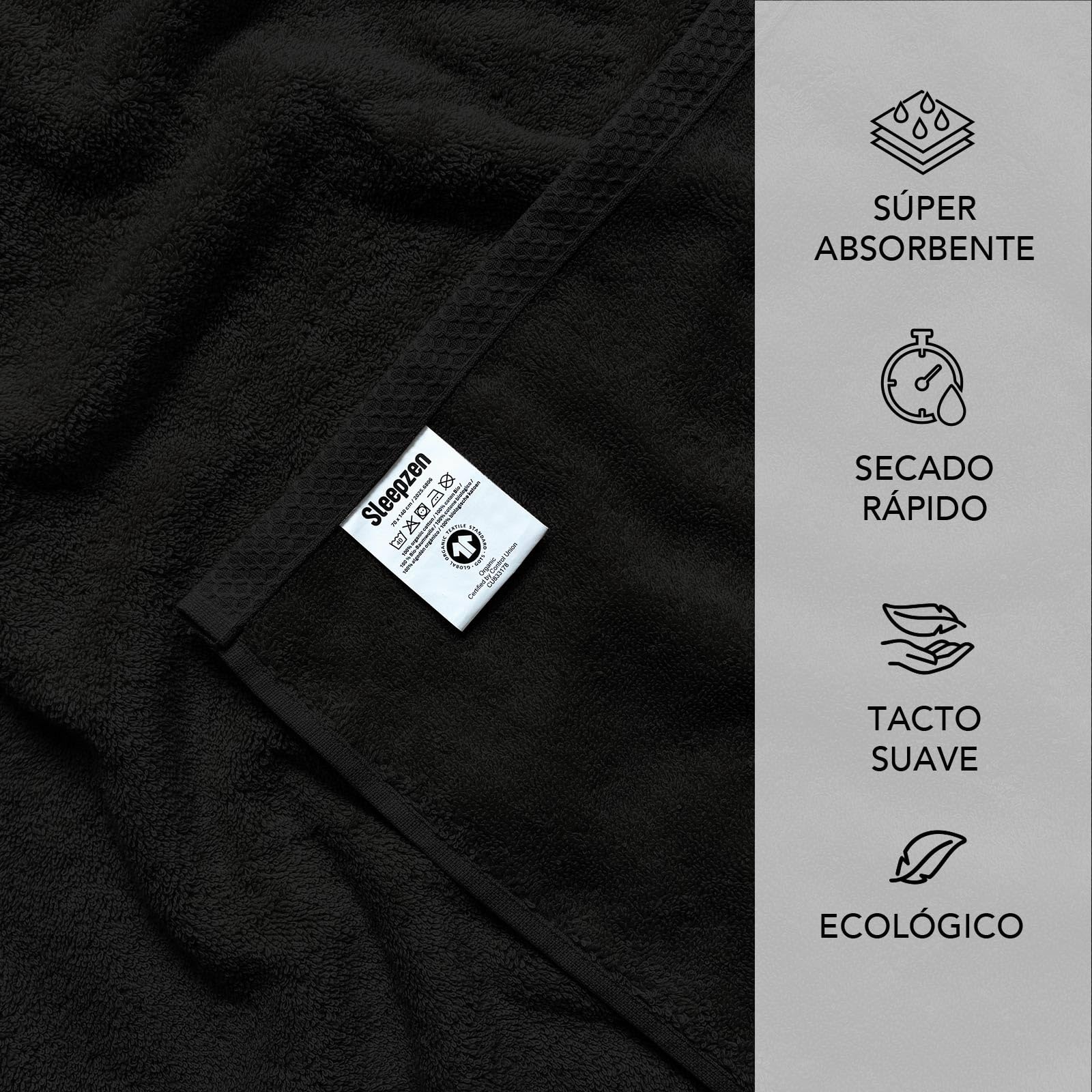 SLEEPZEN - Juego de Toallas de Baño 70x140, Juego de 4 - Negro, en Algodón Orgánico Certificado Gots - 500 g/m² - Ultra absorbentes - Extra Suaves - Fabricadas en Portugal - Certificadas Oeko-Tex