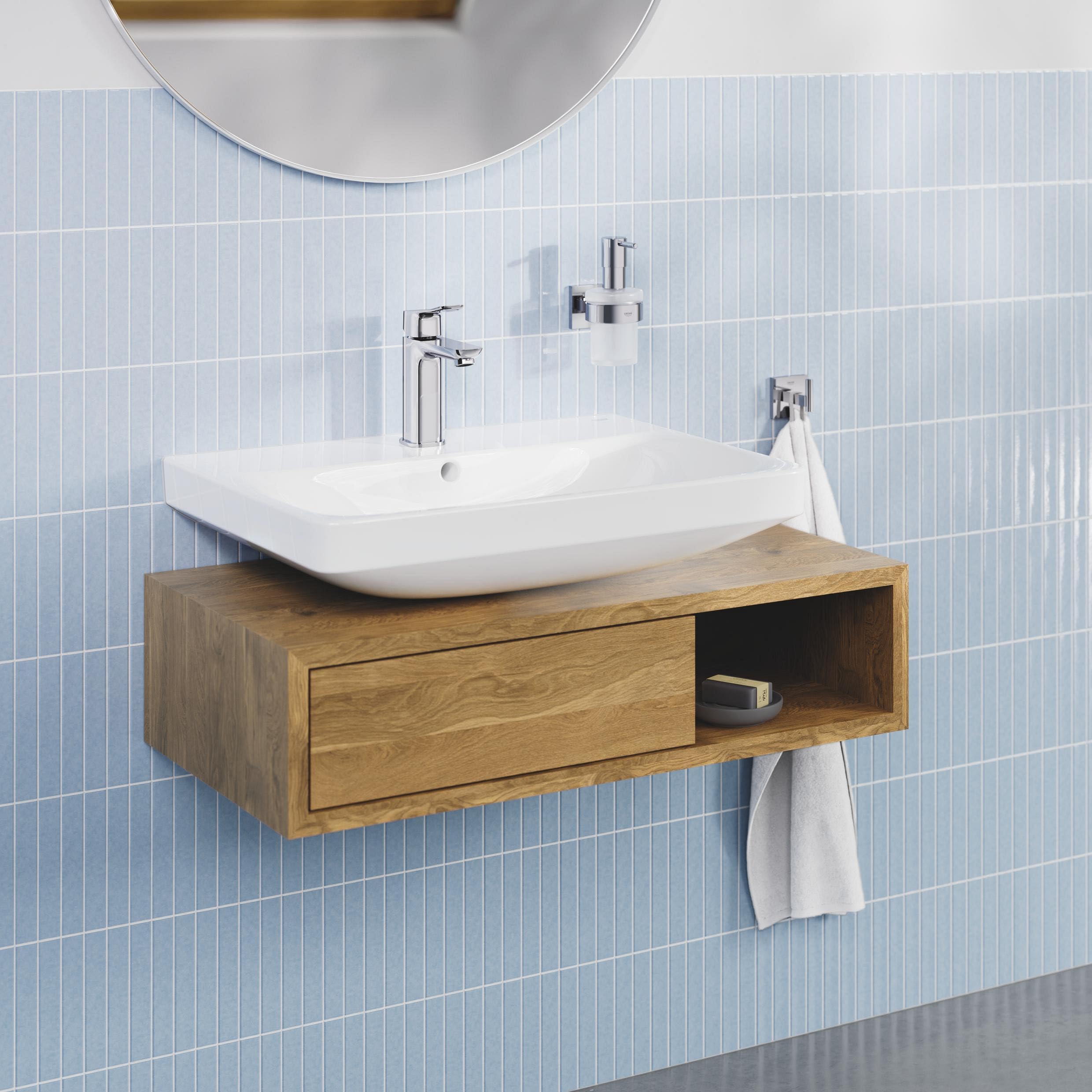 GROHE Dice, energiesparende Waschtischarmatur, Kaltwasser in Mittelstellung (Wasserhahn für das Bad, 17cm hoch, mit Push-Open Ablauf, inkl. 3in1 Werkzeug, einfache Installation), chrom, 1018360000