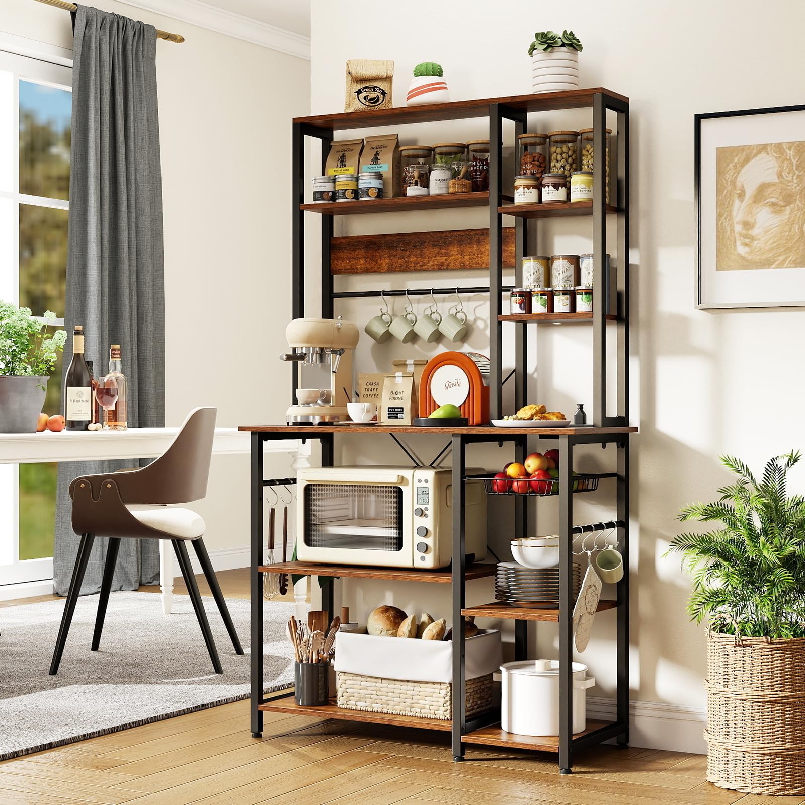 KOMFOTTEU Scaffale da Cucina con Stazione di Ricarica, Mobile Dispensa Cucina a 9 Livelli con 12 Ganci, Mensola Microonde Industriale, per Soggiorno, Sala da Pranzo, 99 x 40 x 170 cm