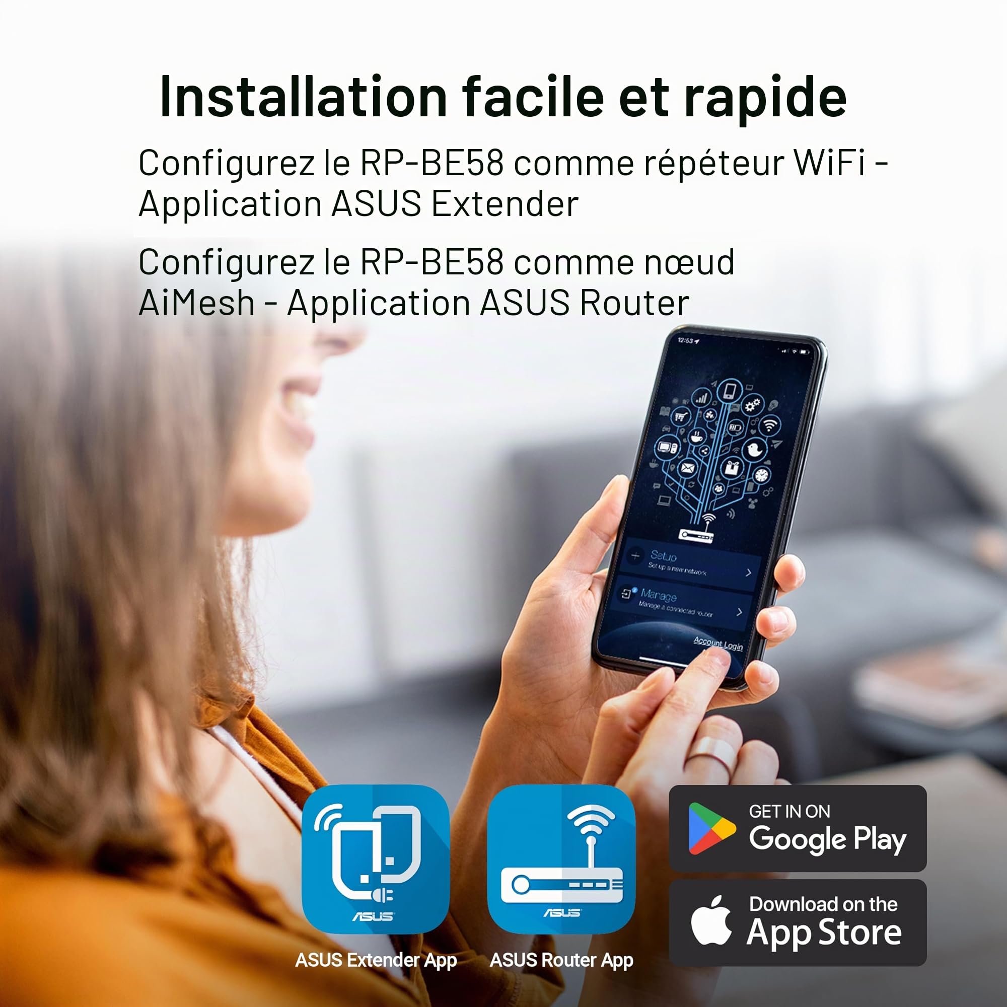 ASUS RP-BE58 - Répéteur Wi-FI 7 (802.11be) BE3600 - Double blande - AiMesh Extender - 4096-QAM - MLO - Installation Facile avec l'application ASUS Router