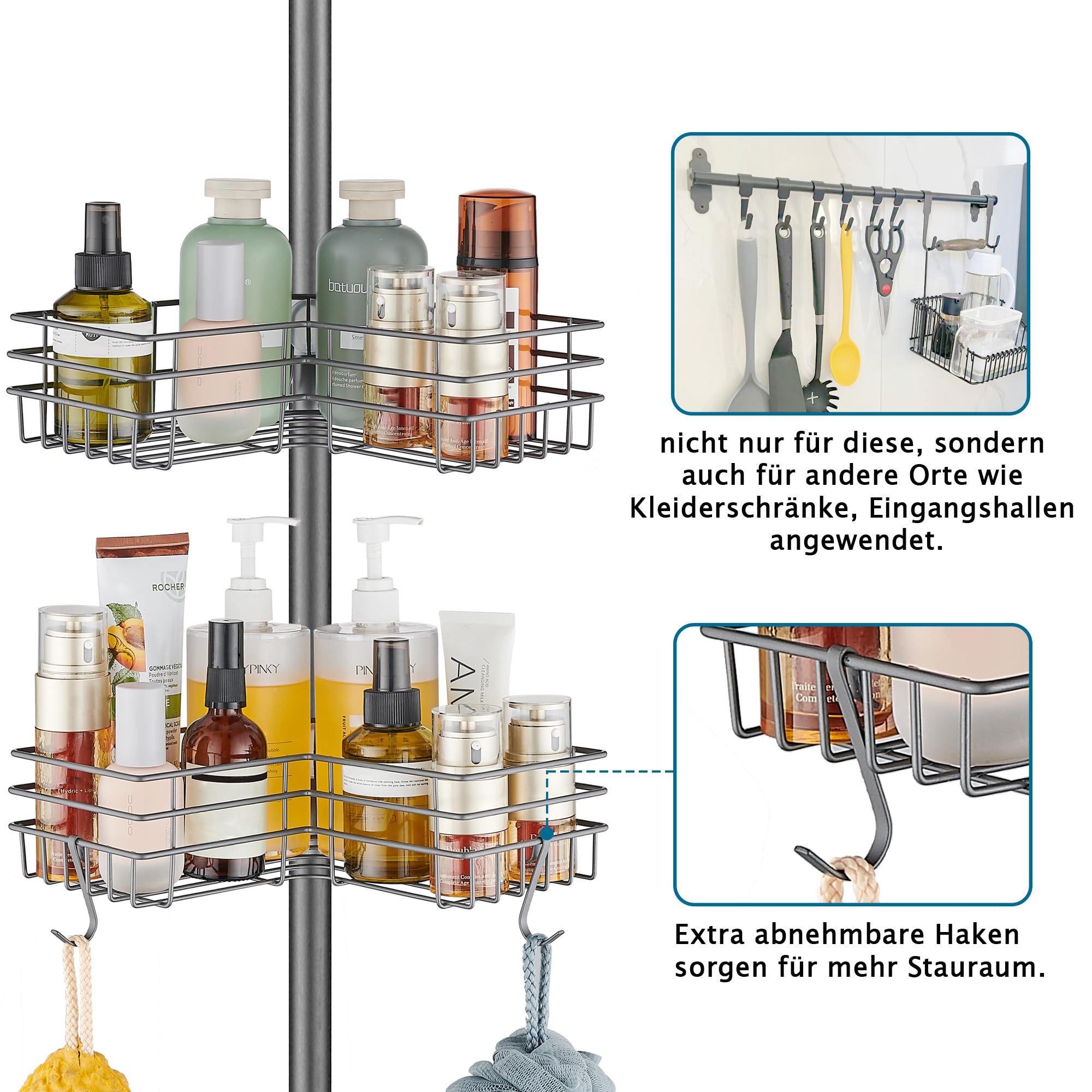 Duschablage ohne Bohren Teleskop Duschregal Metall Eckregal Badregal mit 4 Duschkörben, Höhenverstellbar 85-325cm, geeignet für Badewanne Badezimmer und Küche, Grau