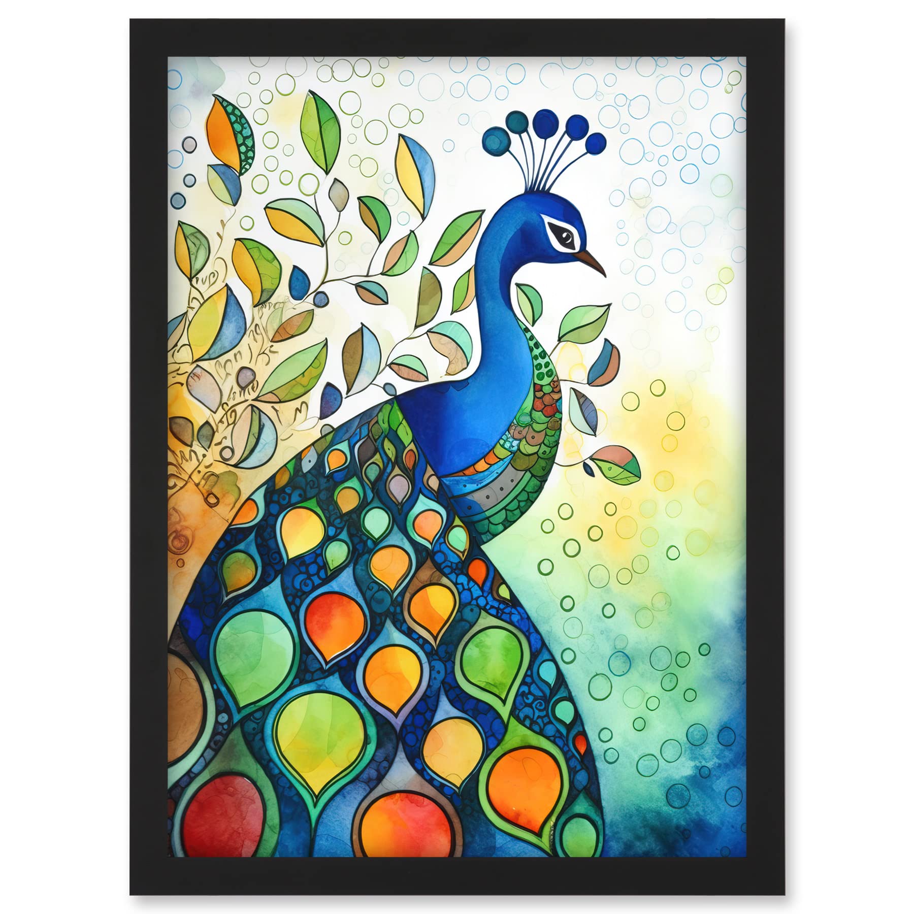 Artery8 Peacock Bird Folk Art Watercolour Painting Artwork Framed A3 Wall Art Print