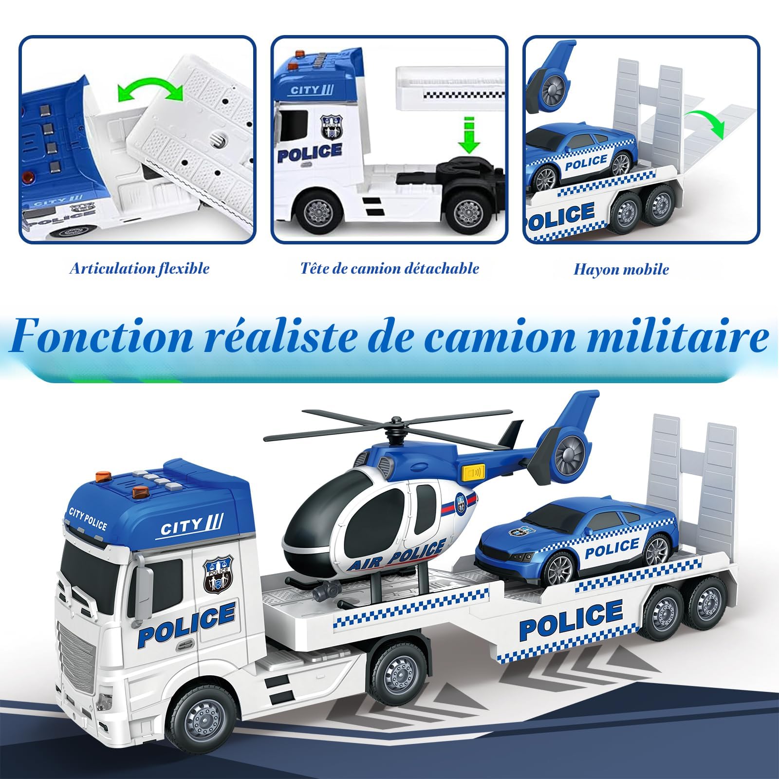 Camion Poubelle 3-en-1 Avec Voiture De Police Et Hélicoptère – Jouet Son Et Lumière Pour Enfant Dès 3 Ans