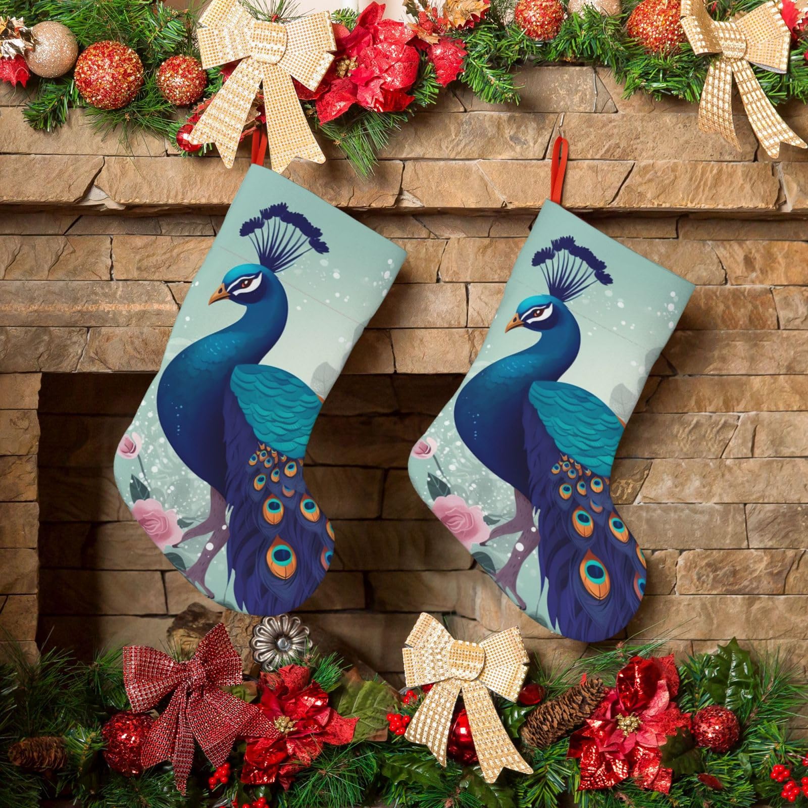 Beautiful Peacock and Floral Christmas Stockings 18 Inches Velvet Xmas Fireplace Hanging Stocking Rustic Christmas Santa Stockings for Home Christmas Decorations Party Favor Supplies