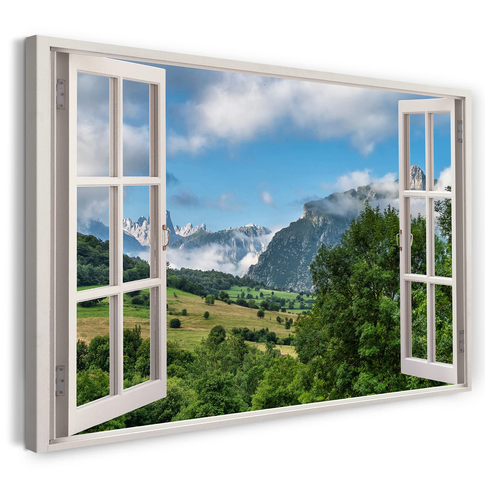 Printistico #04 Print On Canvas (100X70 Cm) View From The Window - Mountains, Fields, Landscape, Nature, Nature Photography, Real Wood Frame With Hook