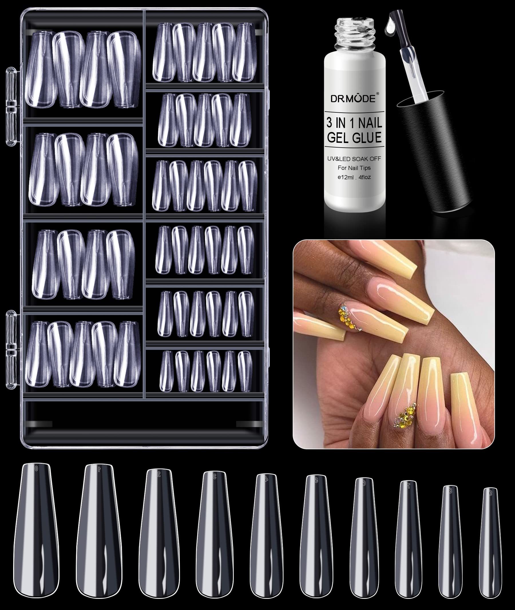 Photo 1 of 2 of- Fake Nails with Nail Glue, 500pcs Clear Nail Tips for Acrylic Nails Professional False Nails Coffin Full Cover Acrylic Nails Tips, 10 Sizes Long Tapered Square Ballerina Artificial Nails for DIY Nail 10 different sizes crystal-clear