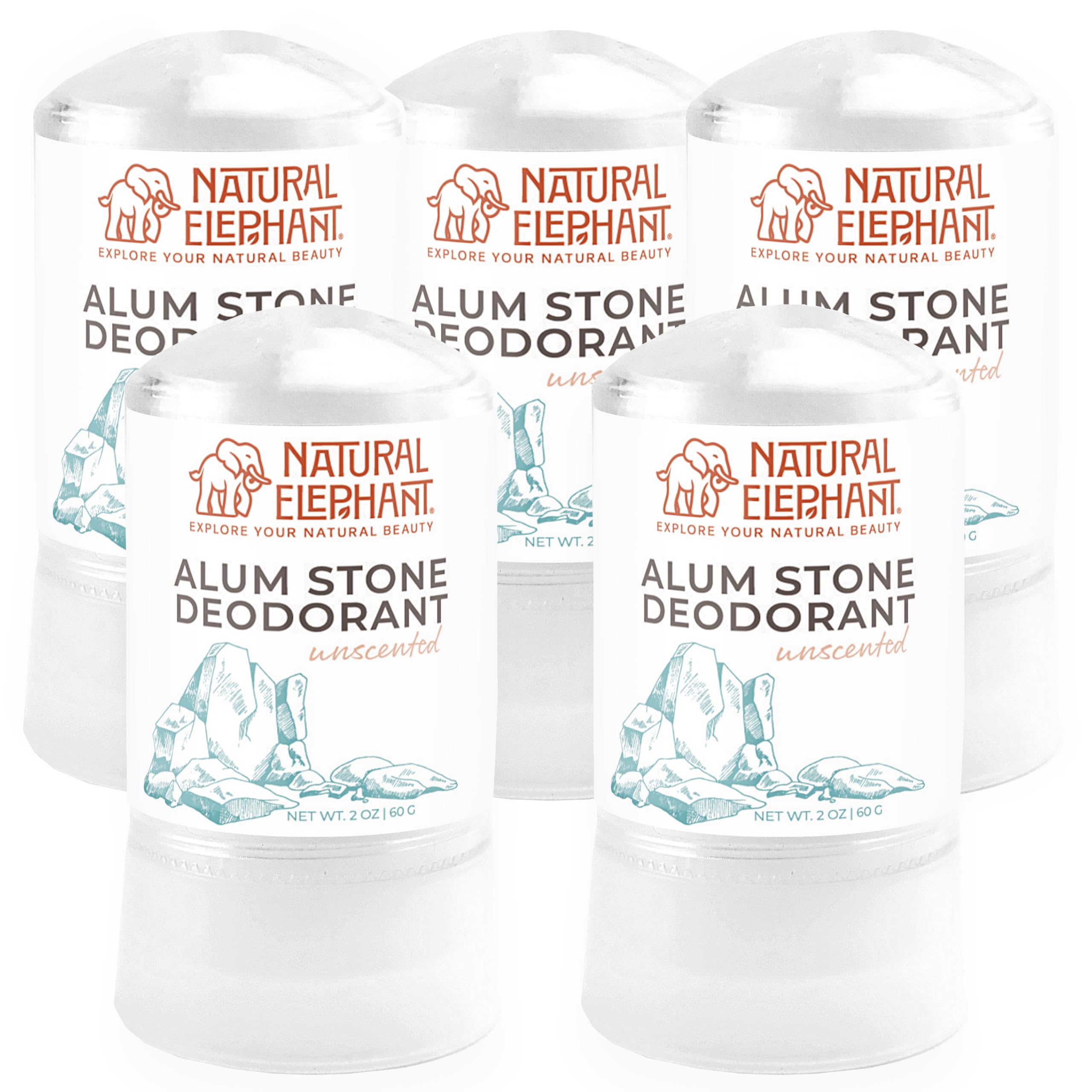 Natural Elephant Deodorante in pietra di allume, 60 g, naturale, senza profumo, senza alluminio, per uomini e donne (confezione da 5)