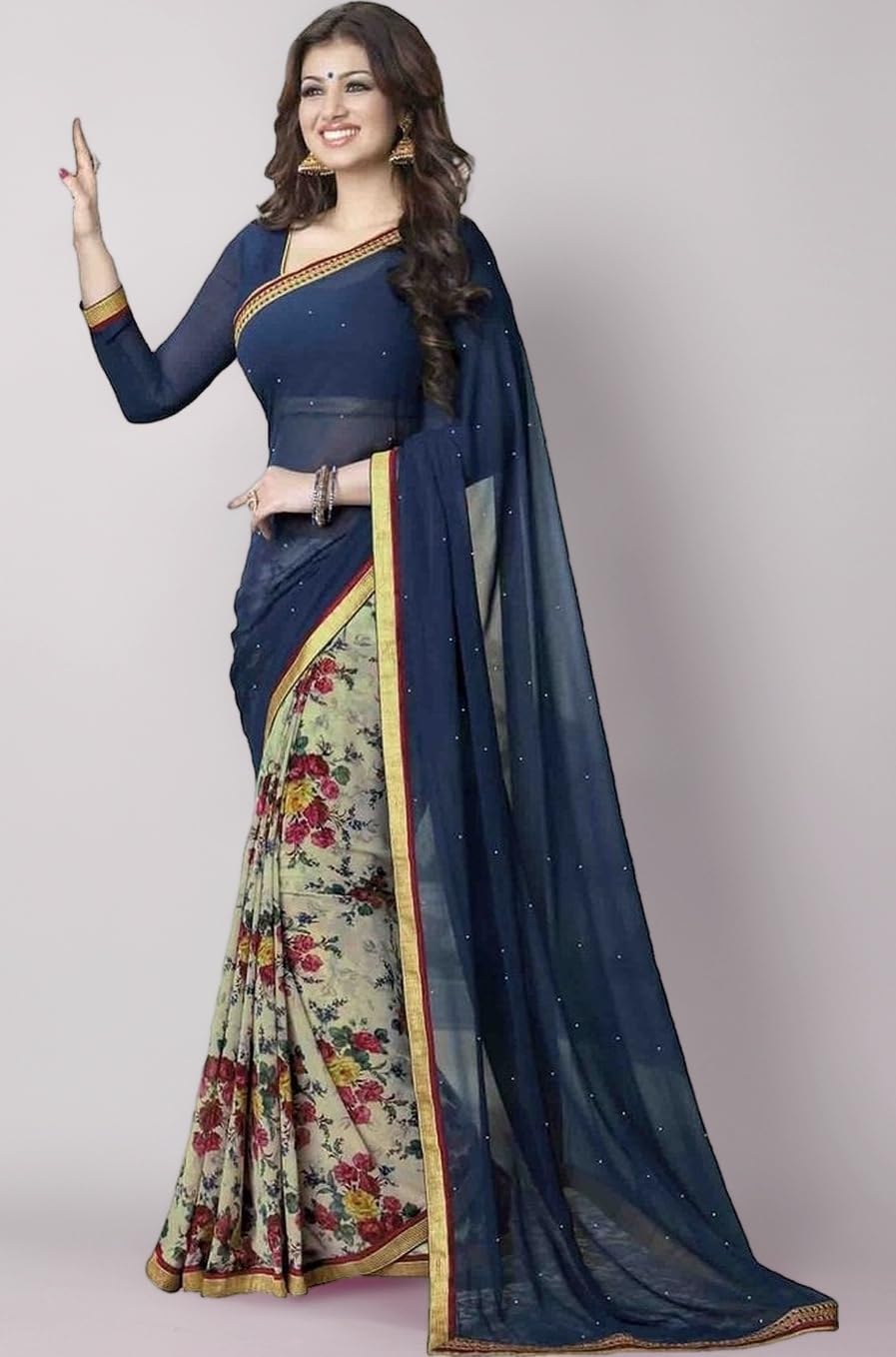 RAJESHWAR FASHION WITH RF Saree Women Georgette Floral Printed Half & Half Saree For Women With Jacquard Lace Border Work Saree with Blouse Piece(A3 TO A10 Catalog_Multicolored_Free Size 6.30 Mtr)