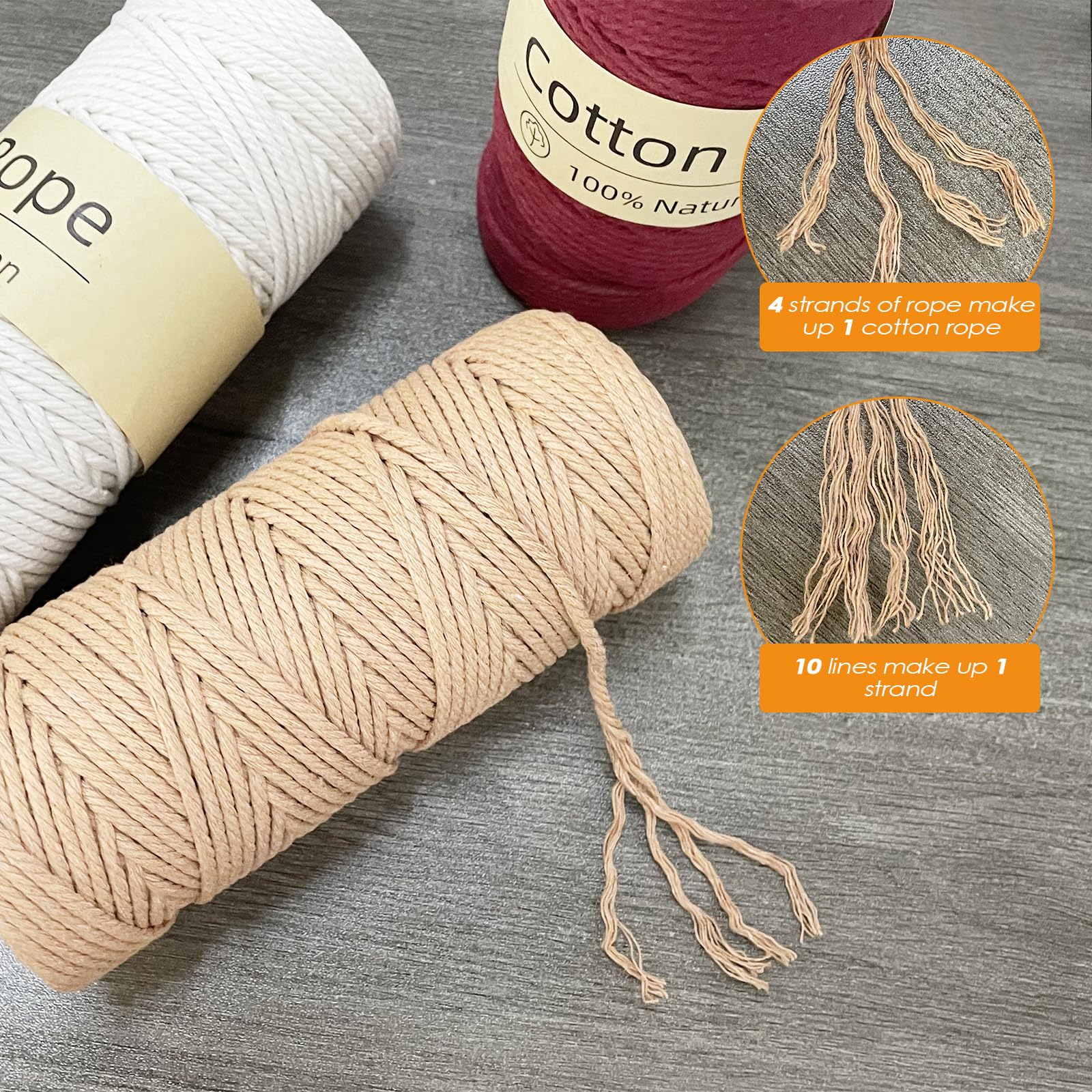 3 Pcs Corda Macrame 3mm x 100m, Macrame Kit, Macrame Corda, Macramè Filo Corda, Filo Cotone per Arazzi, Appendini per Piante, Artigianato Fai da Te, Decorazioni Boho