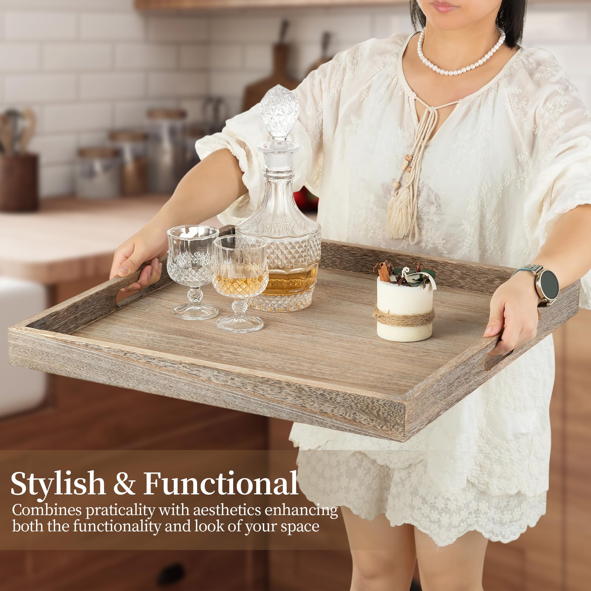 Hanobe Bandeja de servir otomana grande: bandejas decorativas de madera para sala de estar sobre reposapiés, cuadrada rústica marrón extra XXL, bandeja de madera para decoración de mesa de café, 56 cm
