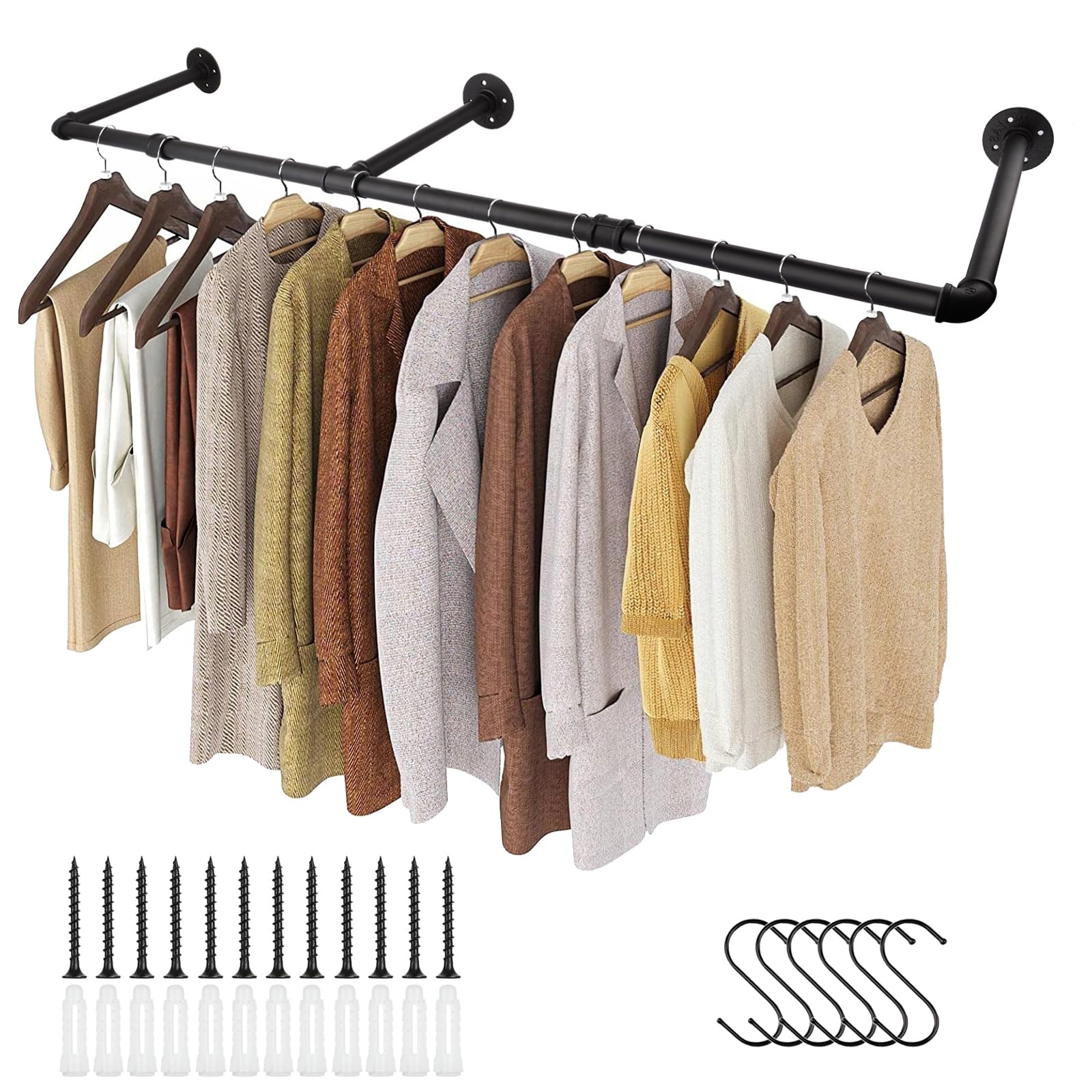 LOLYSIC Wall Mounted Clothes Rail - 140cm 55" Black Industrial Pipe Clothing Rail with 6 S-Hooks, Heavy Duty Metal Clothes Hanging Rail for Bedroom Wardrobe Closet Storage, Includes Fixing Kit