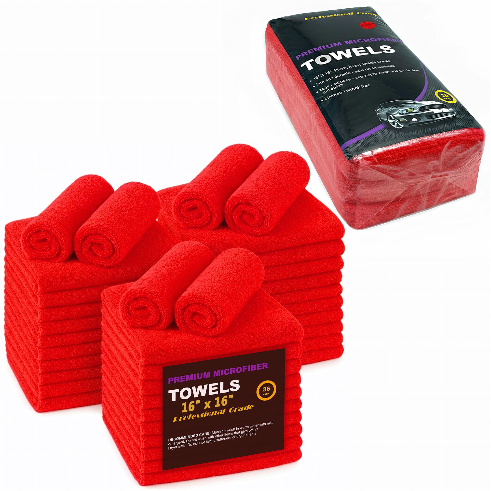 Asciugamani per la pulizia in microfibra, 3 dozzine di pezzi per uso commerciale e domestico, ultra morbidi, panni per la pulizia in microfibra per auto, casa e commerciale (rosso, 40,6 x 40,6 cm)