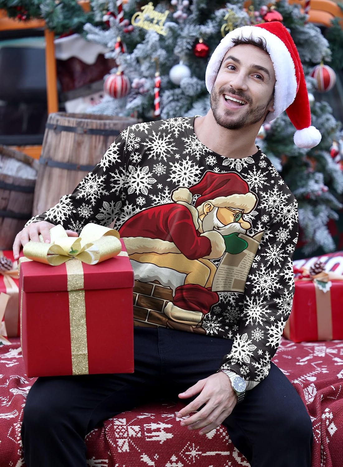 Arvilhill Mens Ugly Pooping Santa Claus Xmas Sweatshirt Funny Sweater Adult Inappropriate Tacky 3D Graphic Print Holiday Jumper XL