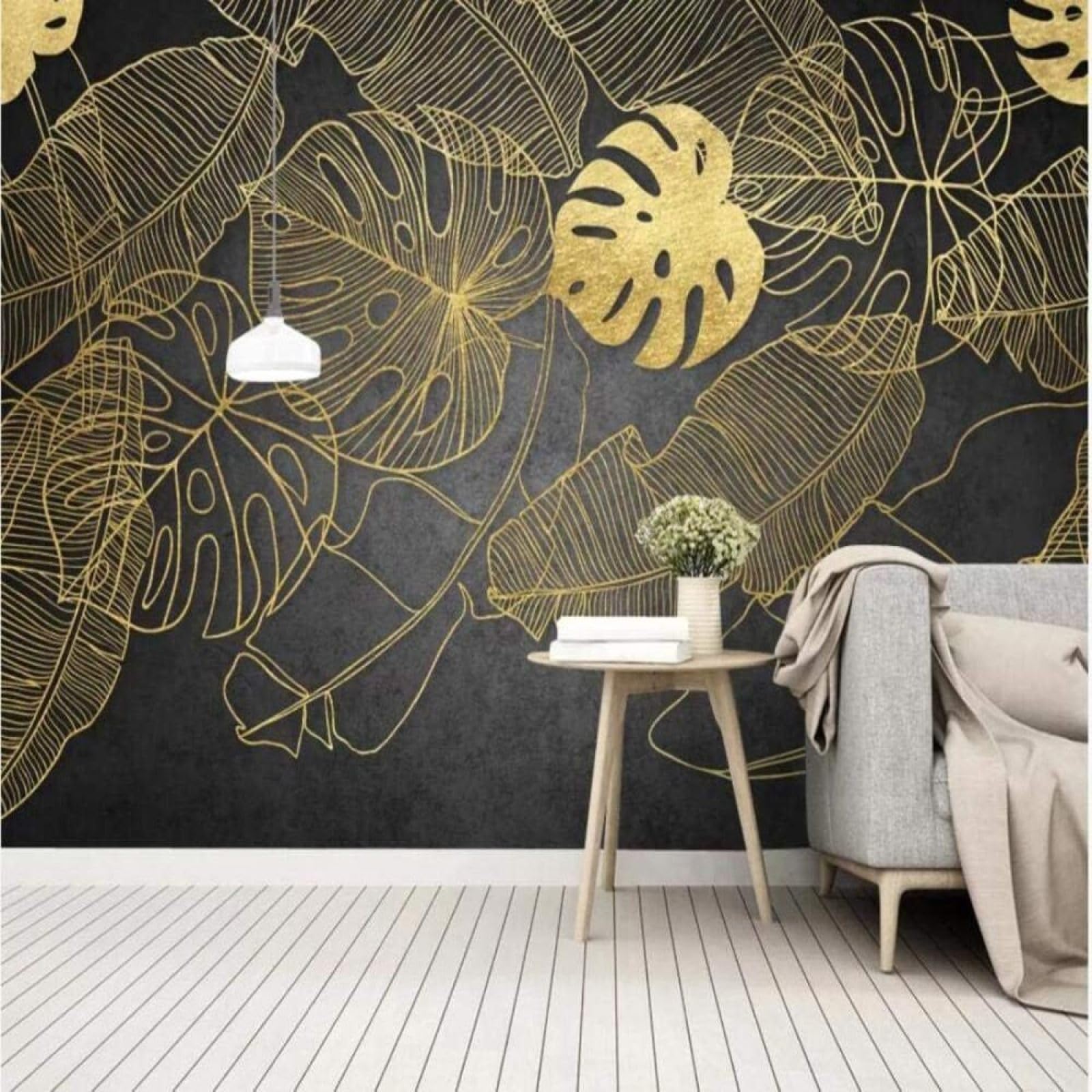 Papel pintado 3D para tapar imperfecciones de pared con un diseño elegante de líneas doradas
