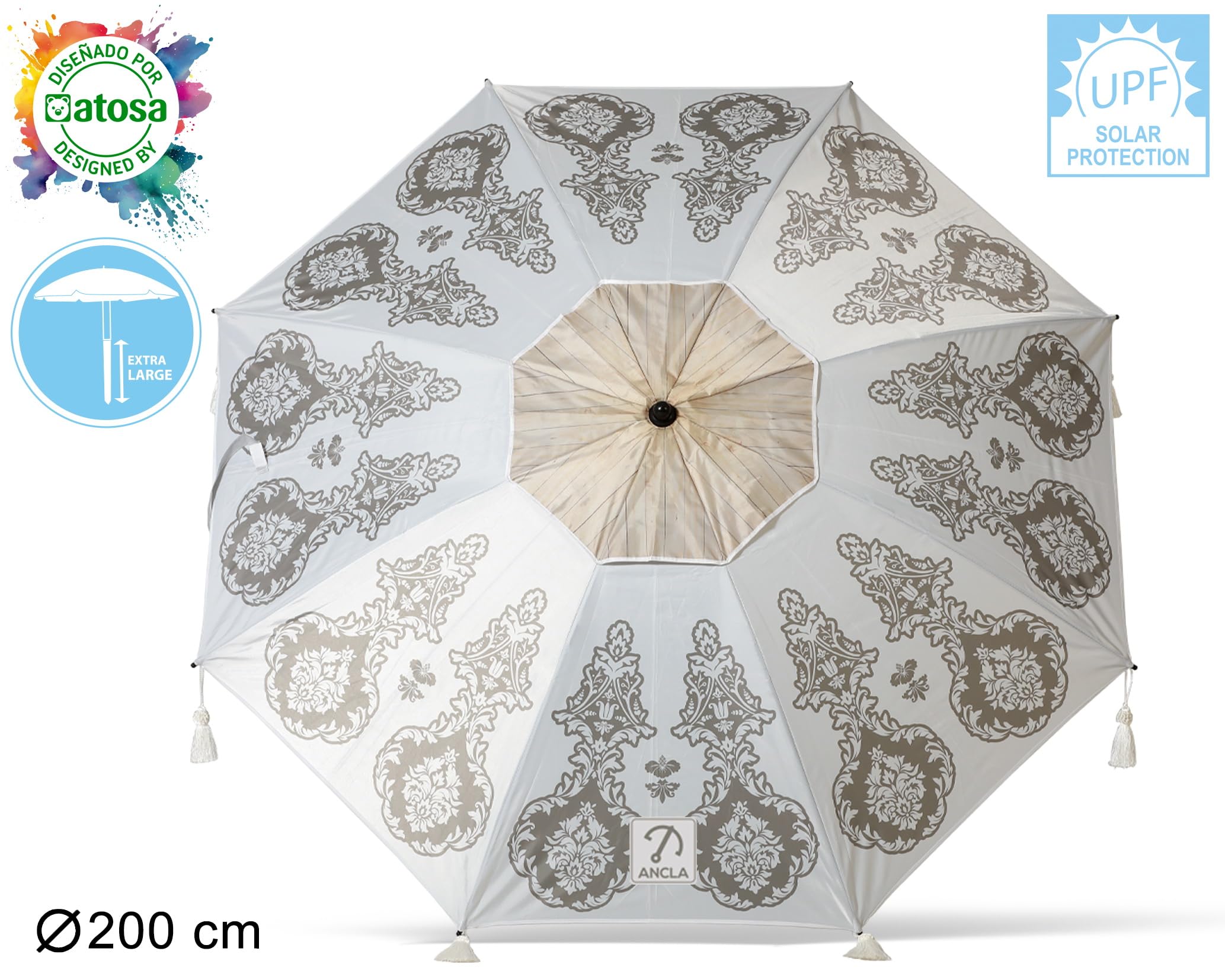 Atosa Strandschirm, Ø 180 bis 240 cm, aus Aluminium, Mandala-Design, LSF 50+, in den Farben Grau oder Weiß, weiß, 200 cm, Einfach und funktionell