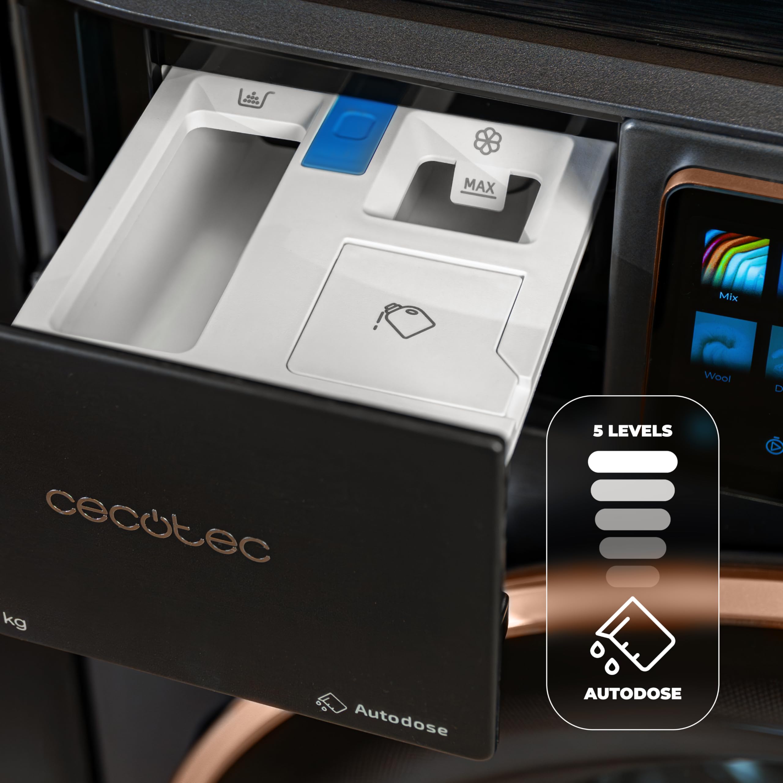 Cecotec Lavadora Carga Frontal 12Kg Bolero DressCode 12950 Autodose Direct Drive 3D Steel. 1400RPM, 13 Programas, Motor Direct Drive, Diseño Core Matrix Screen 9,2" y Core Body, Funciones Inteligentes