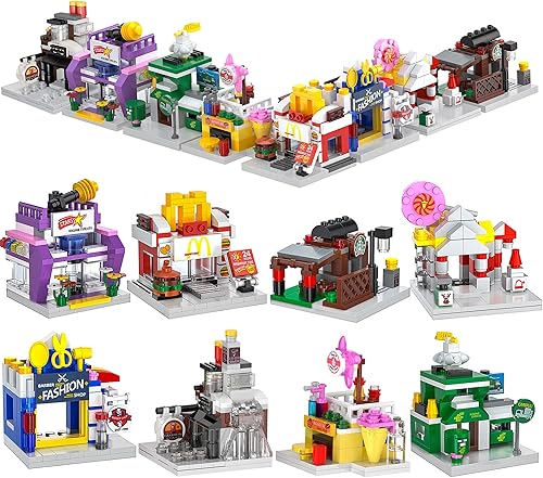 Paquete de 8 bloques de construcción de Mini City Shop Street View, kit educativo creativo de construcción MOC con peluquería y cafetería, juego de