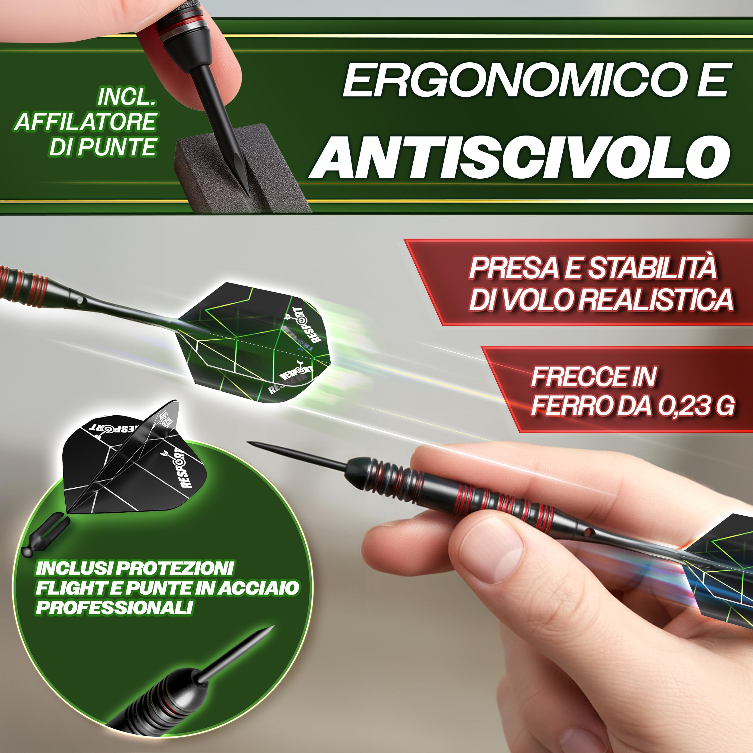 RE:SPORT® Bersaglio per freccette XXL in Sisal, set con 9 freccette professionali + accessori