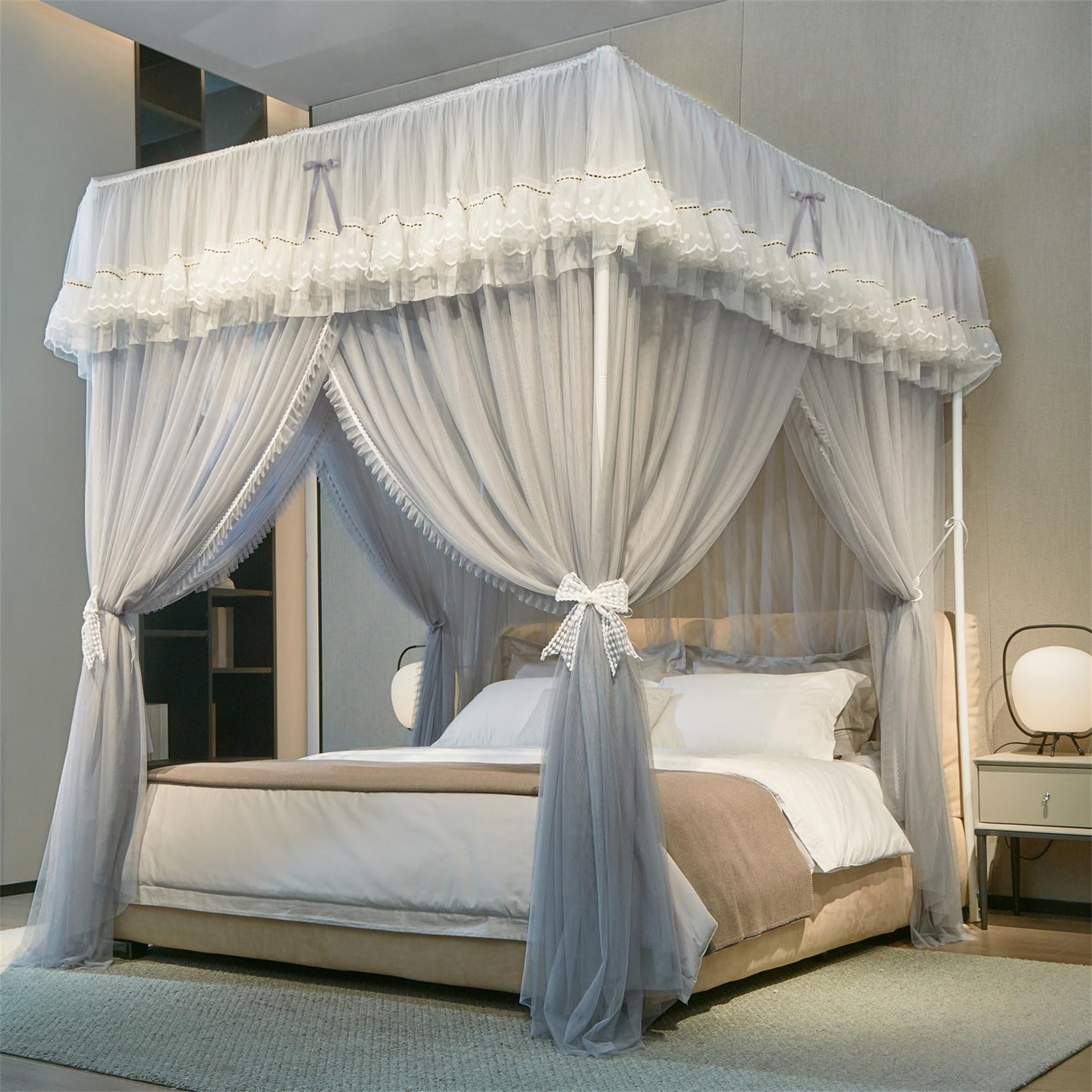 GUOIOOI Canopy Bed Curtains 4 Corners Post Ruffle Lace bow Princess Bed Canopy with Removable Blackout Top,Double‑Layer Cozy Drape Netting 3‑Side Opening for Queen/Full Bed(Grey,FULL/1.5x2M)
